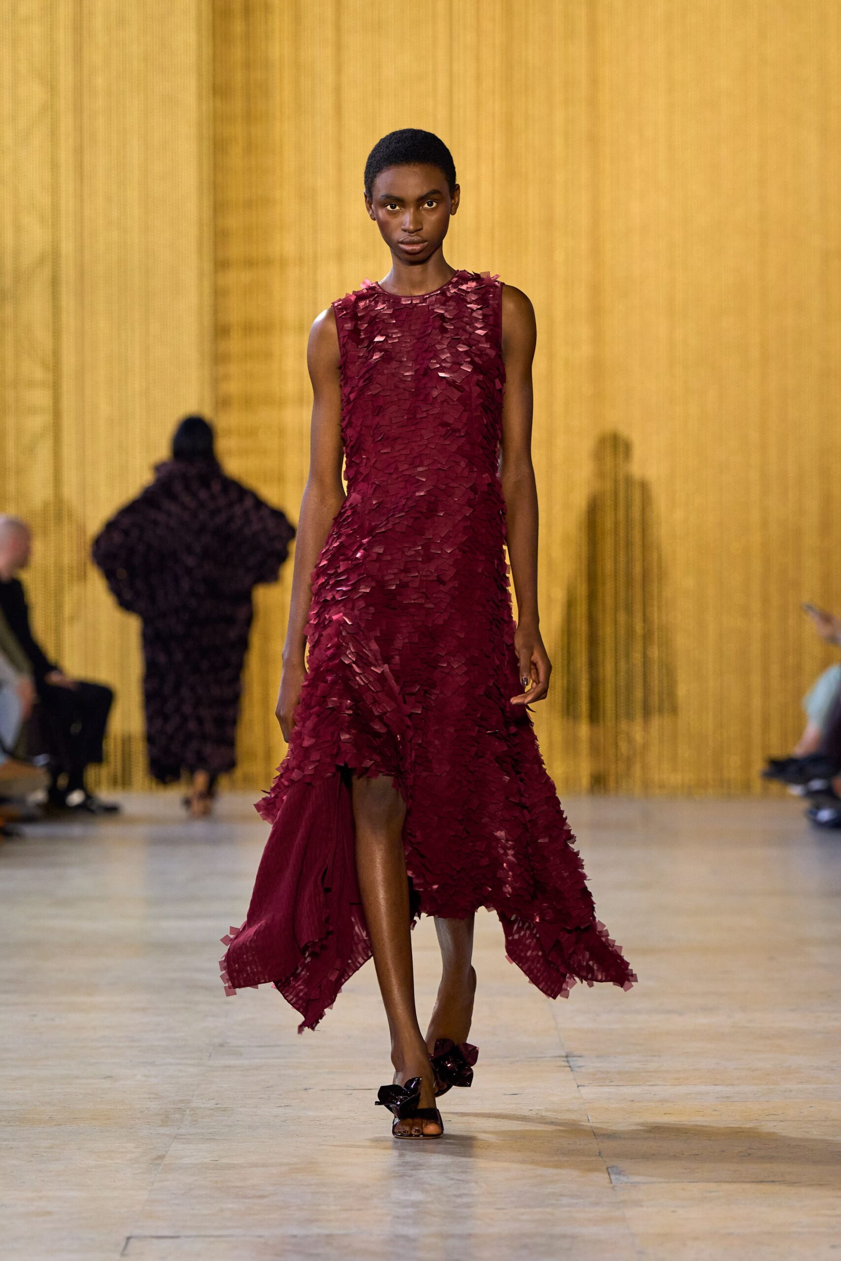 red silk sleeveless v-neck fitted ruffled midi dress