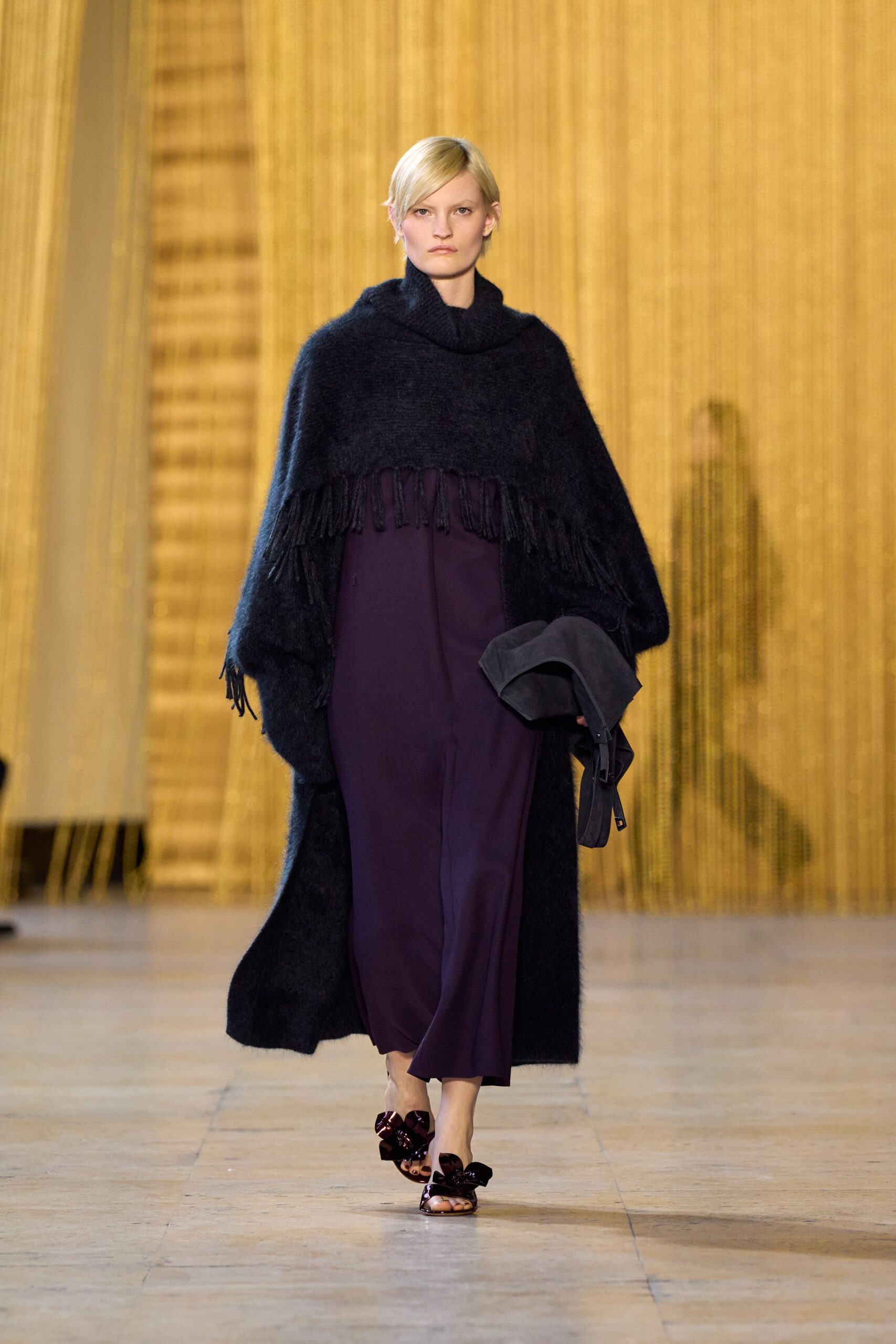 purple silk long-sleeve v-neck fitted straight-leg midi dress