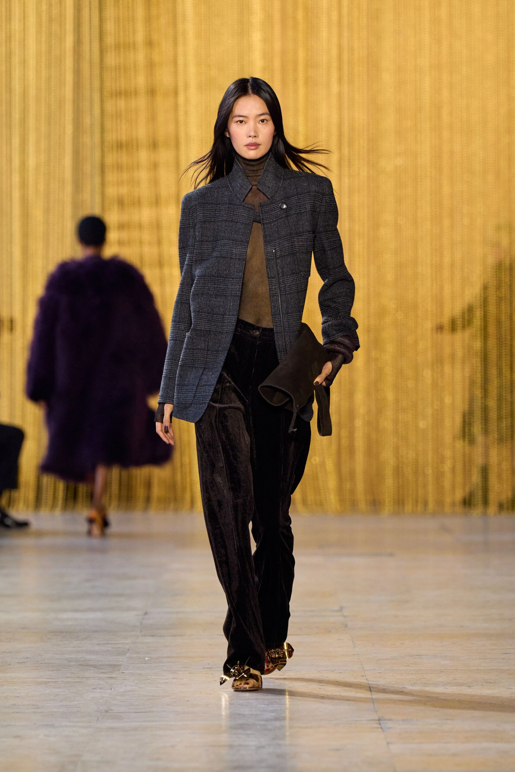 gray checked blazer with brown top