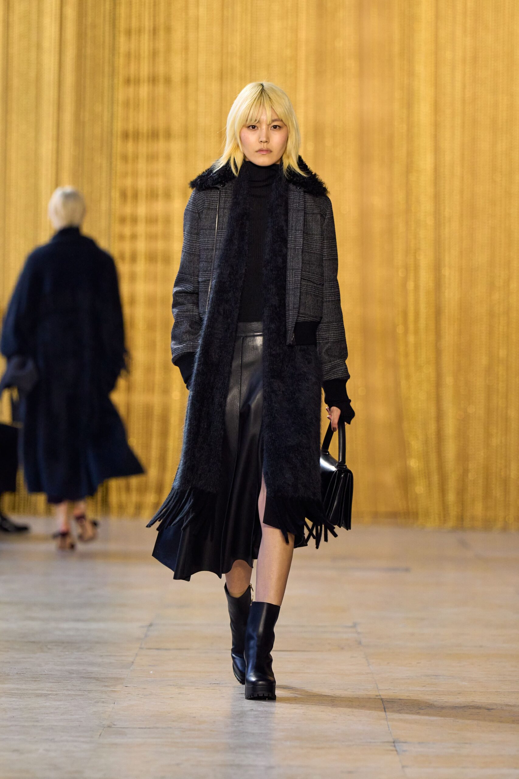 black leather fitted pleated midi skirt