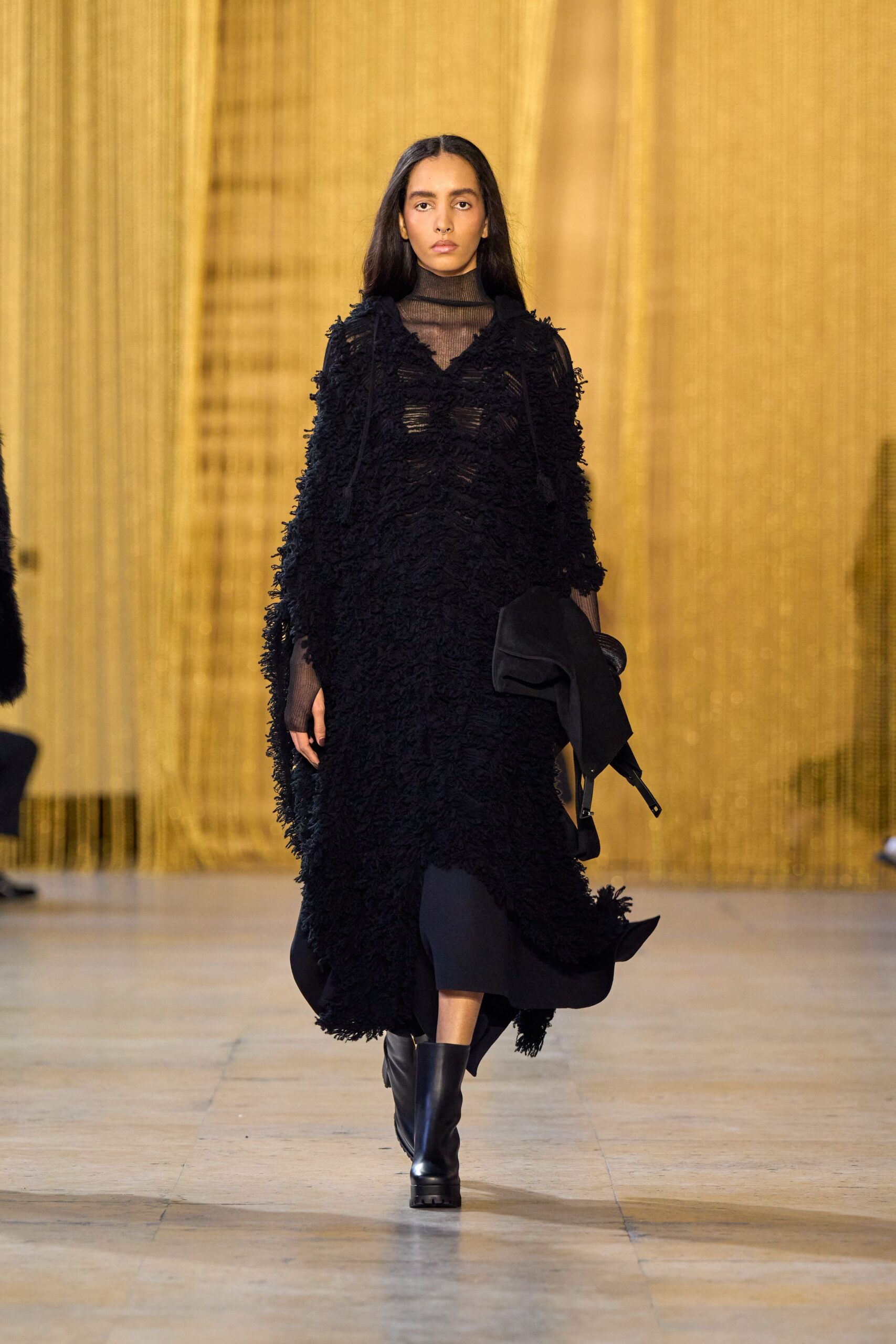 black fringed midi dress with boots