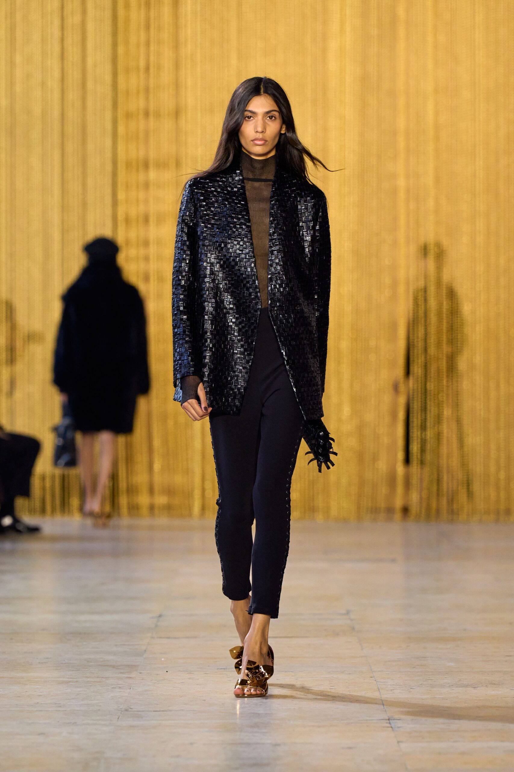 black silk long-sleeve collared fitted textured jacket