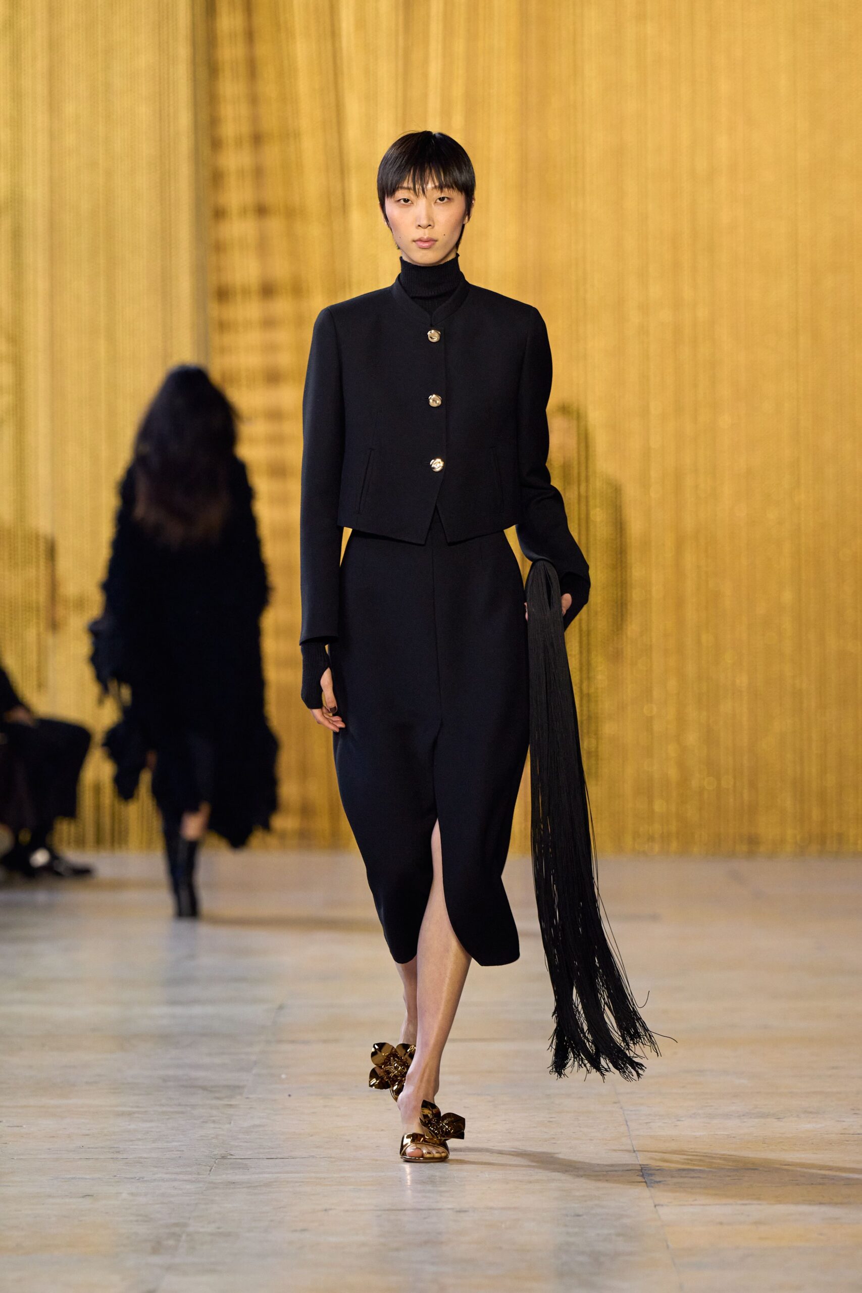 black wool long-sleeve v-neck fitted midi dress