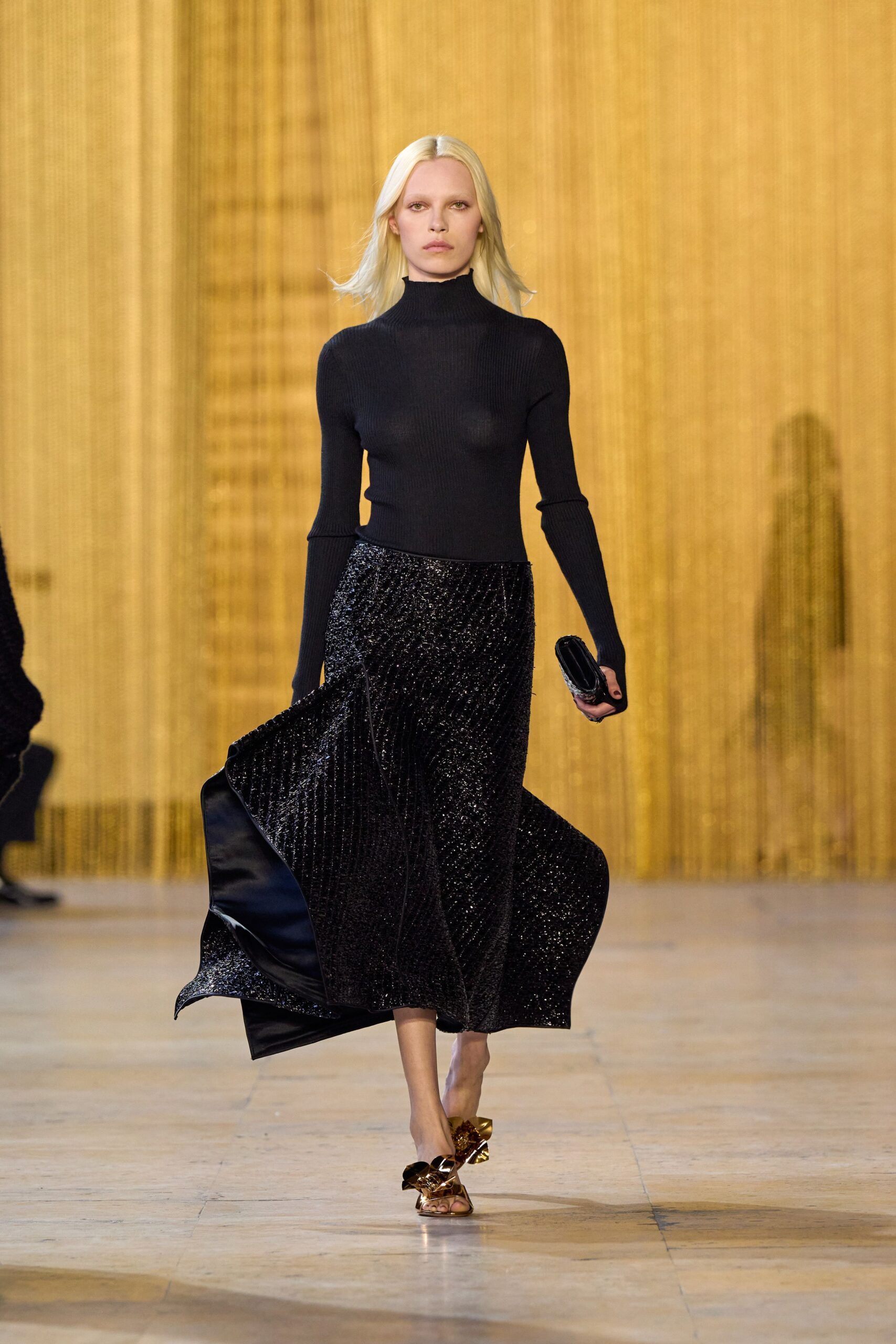 black silk fitted pleated flowing midi skirt
