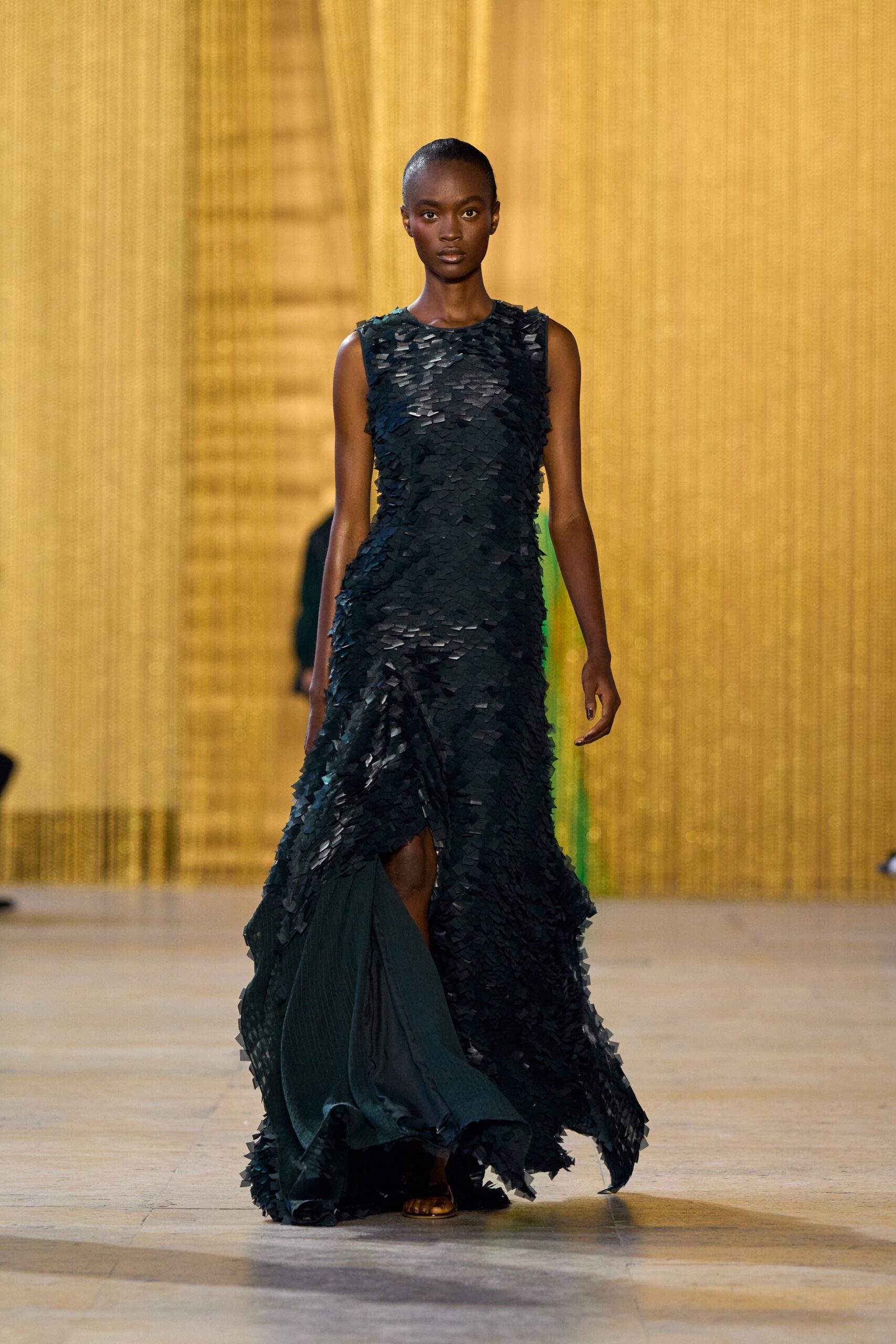 green silk sleeveless gown