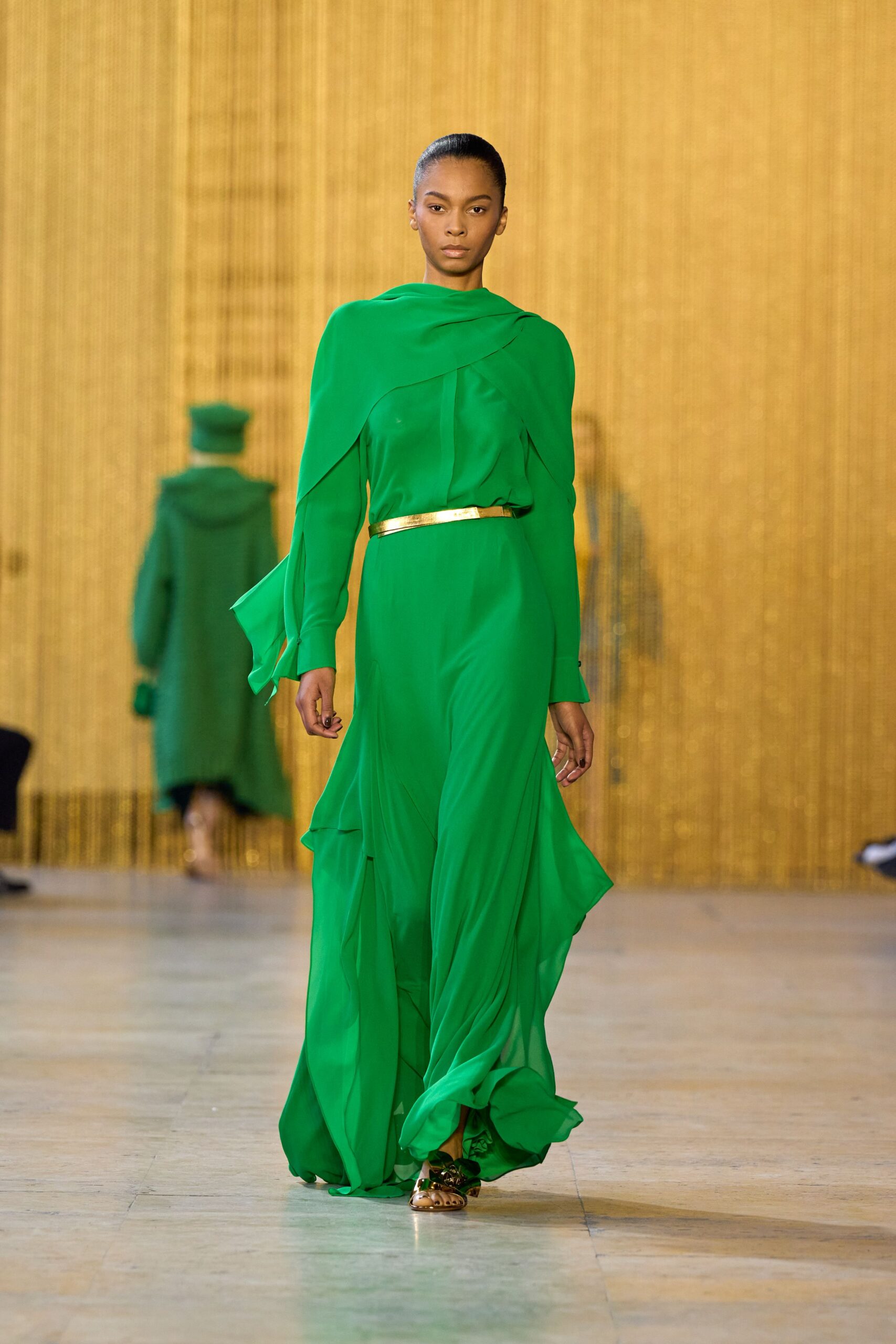 green silk long-sleeve v-neck fitted draped tiered gown