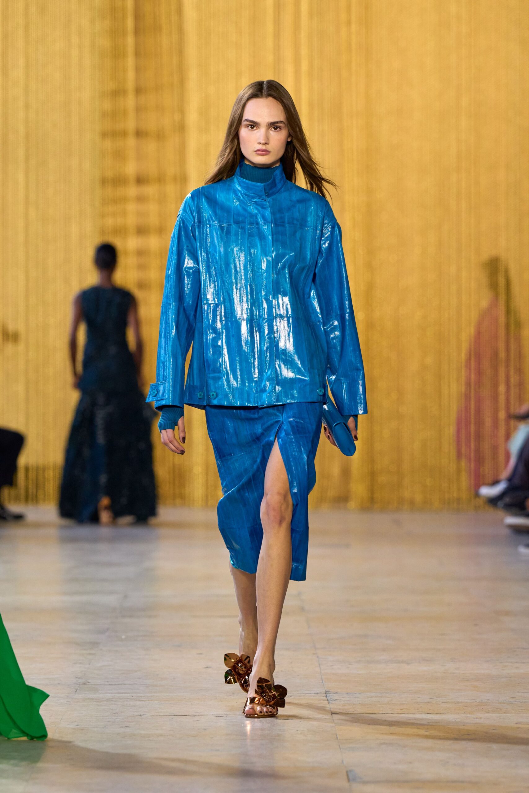 blue vinyl long-sleeve collared relaxed zippered shiny jacket