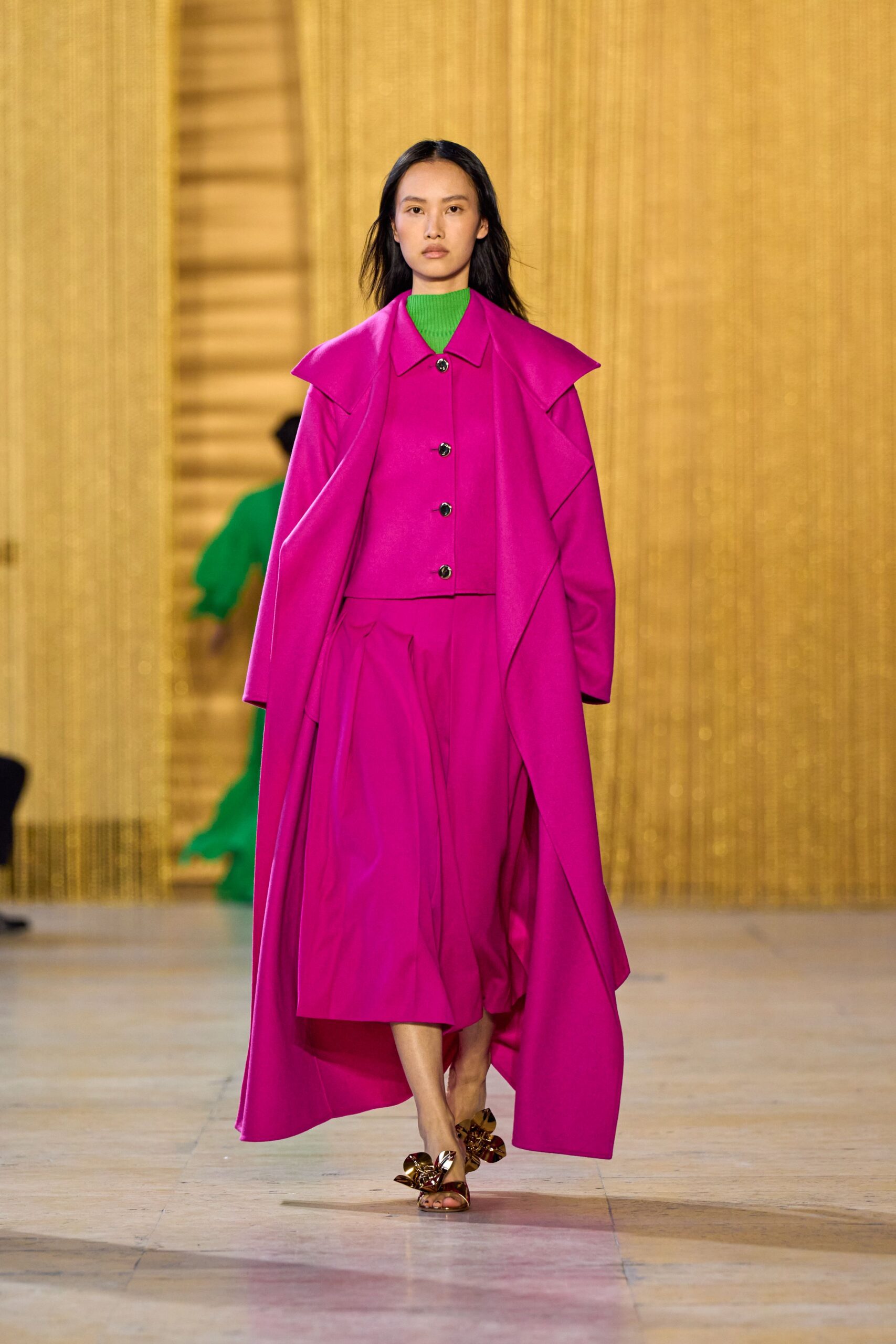 pink long-sleeve collared relaxed buttoned coat