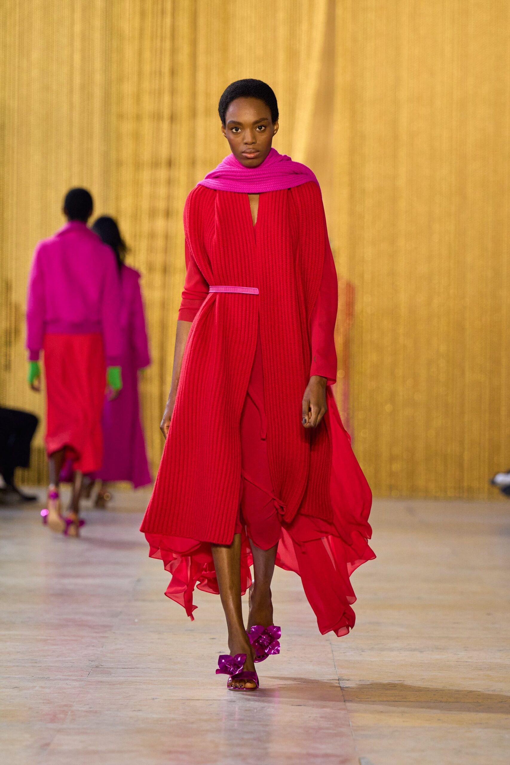 red silk sleeveless v-neck fitted pleated layered dress