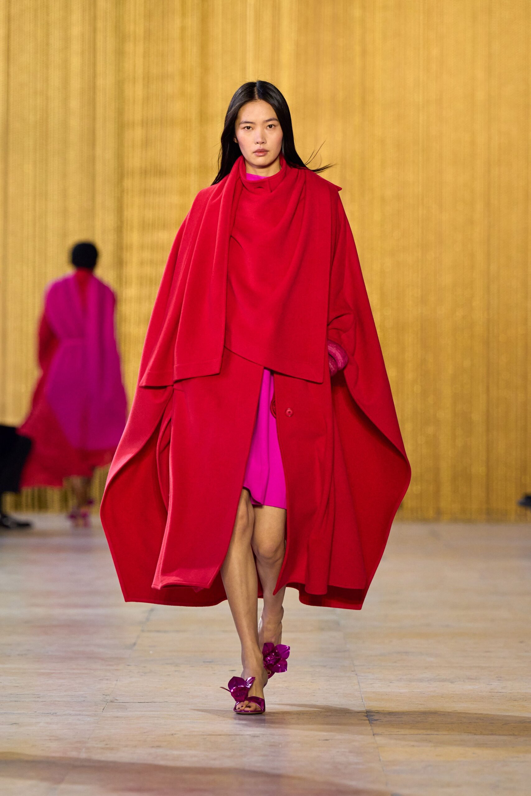 red cape pink dress