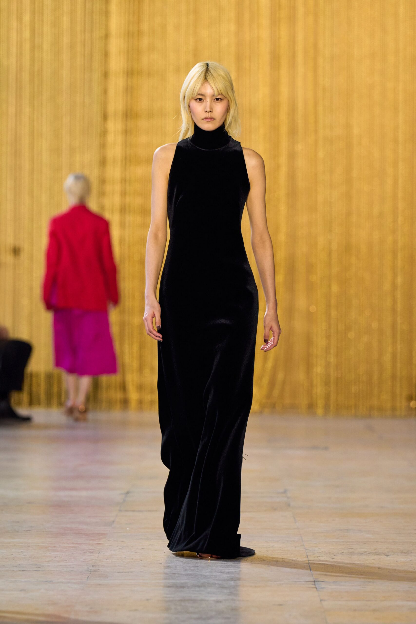 black velvet sleeveless gown