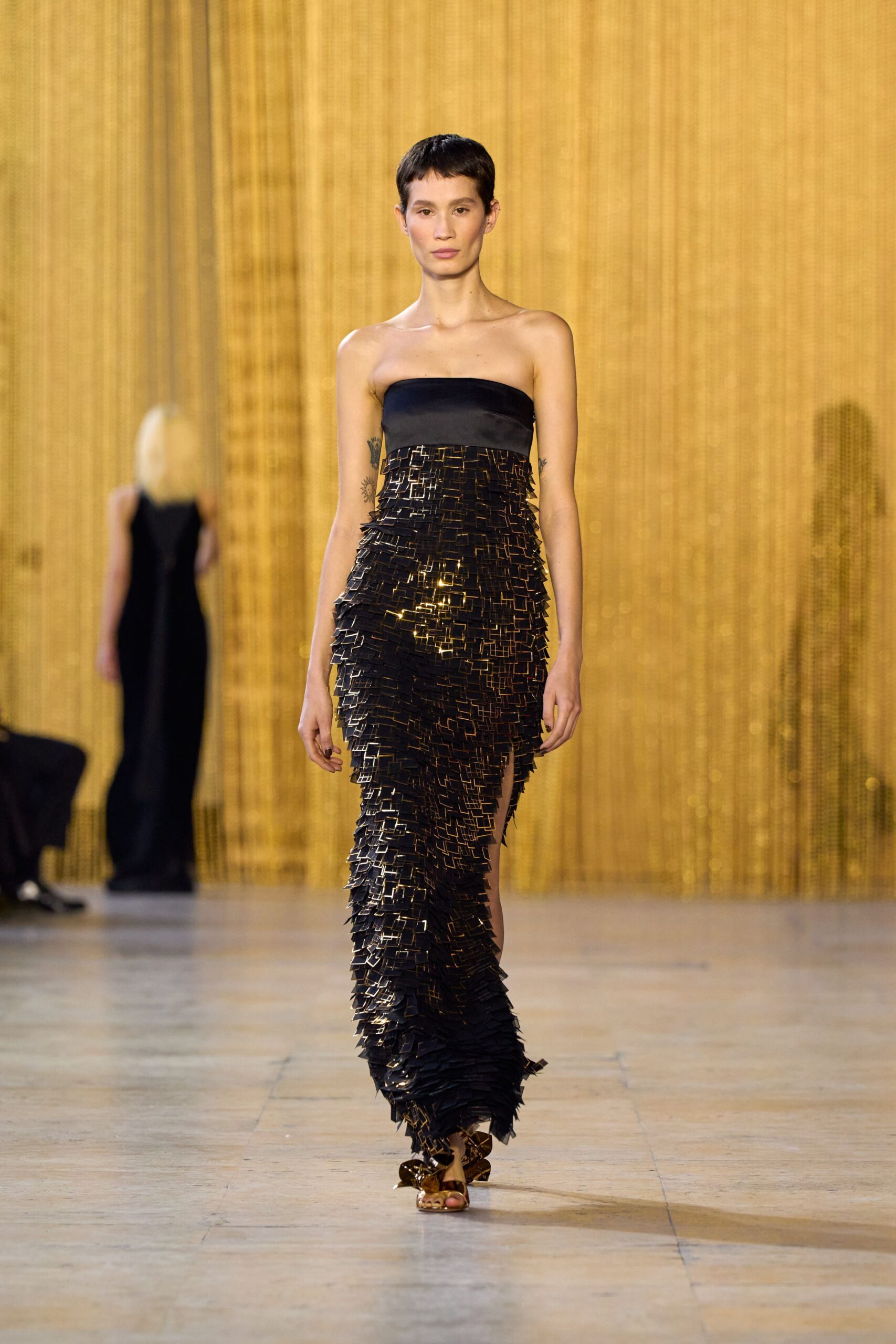 black silk strapless fitted pleated embellished shiny gown