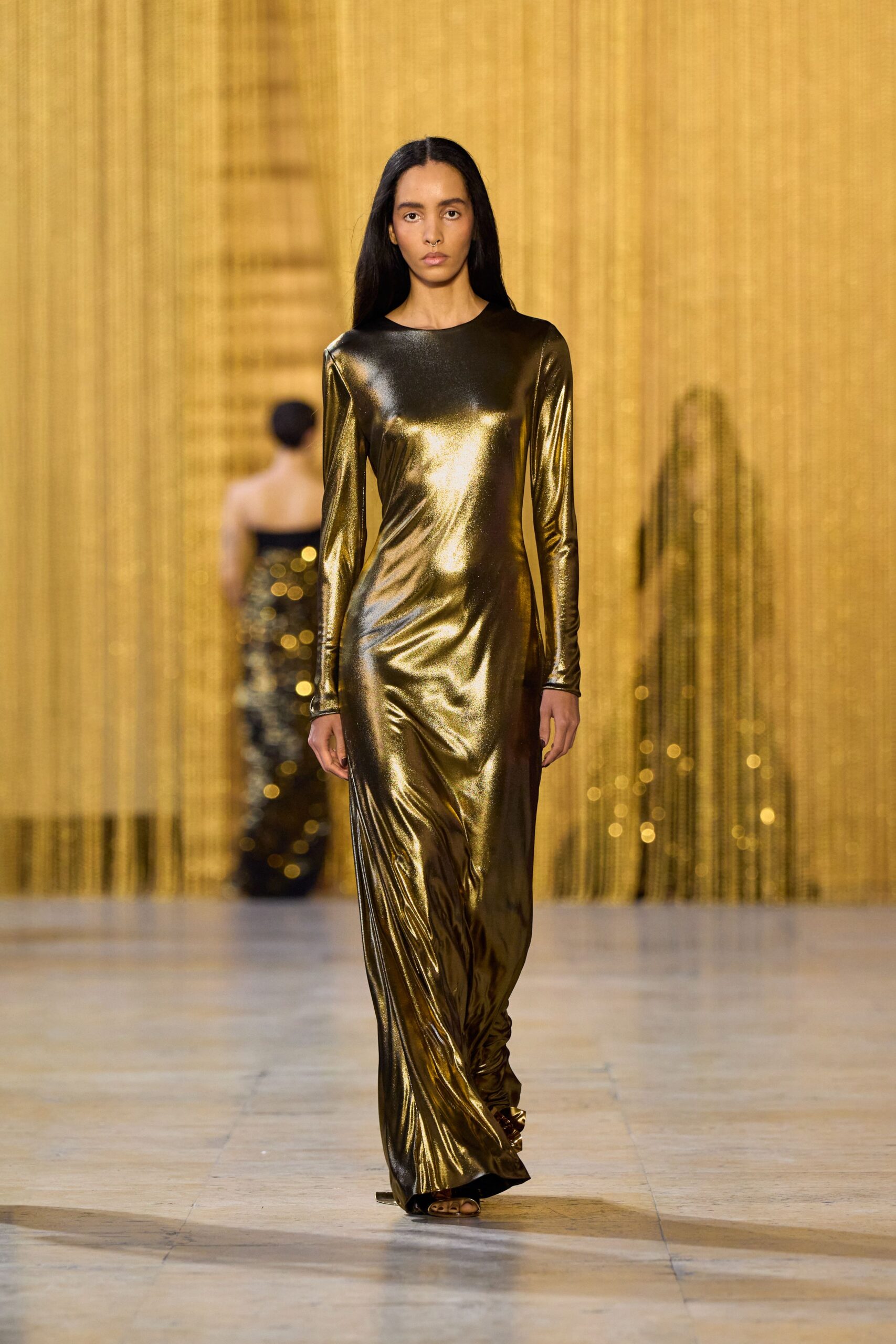 fitted gold metallic gown