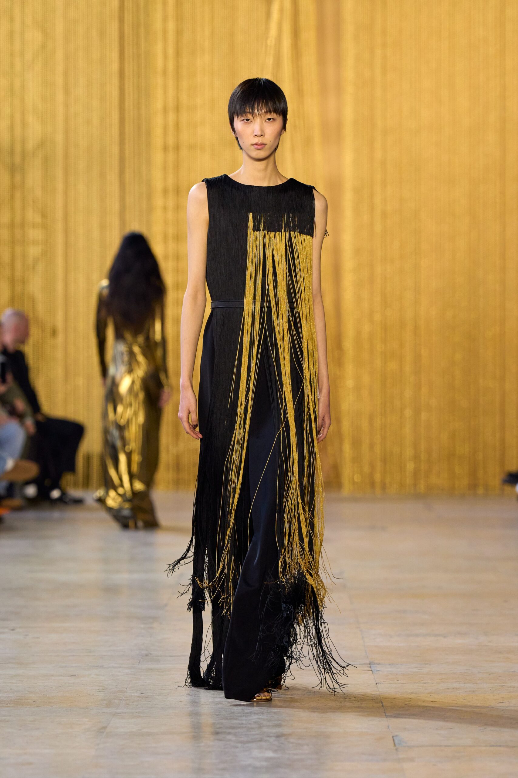 black silk sleeveless fringed dress