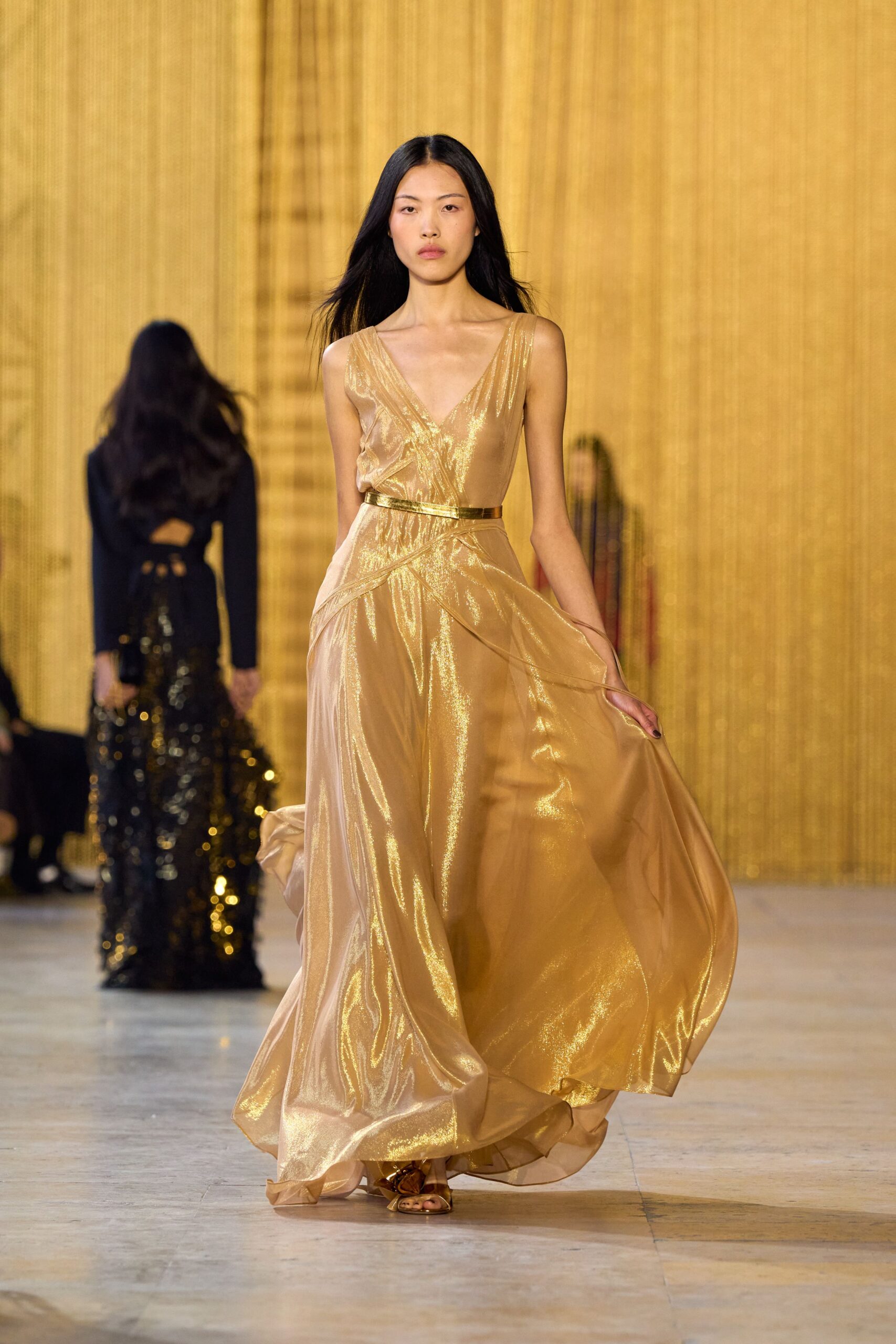 gold silk sleeveless gown