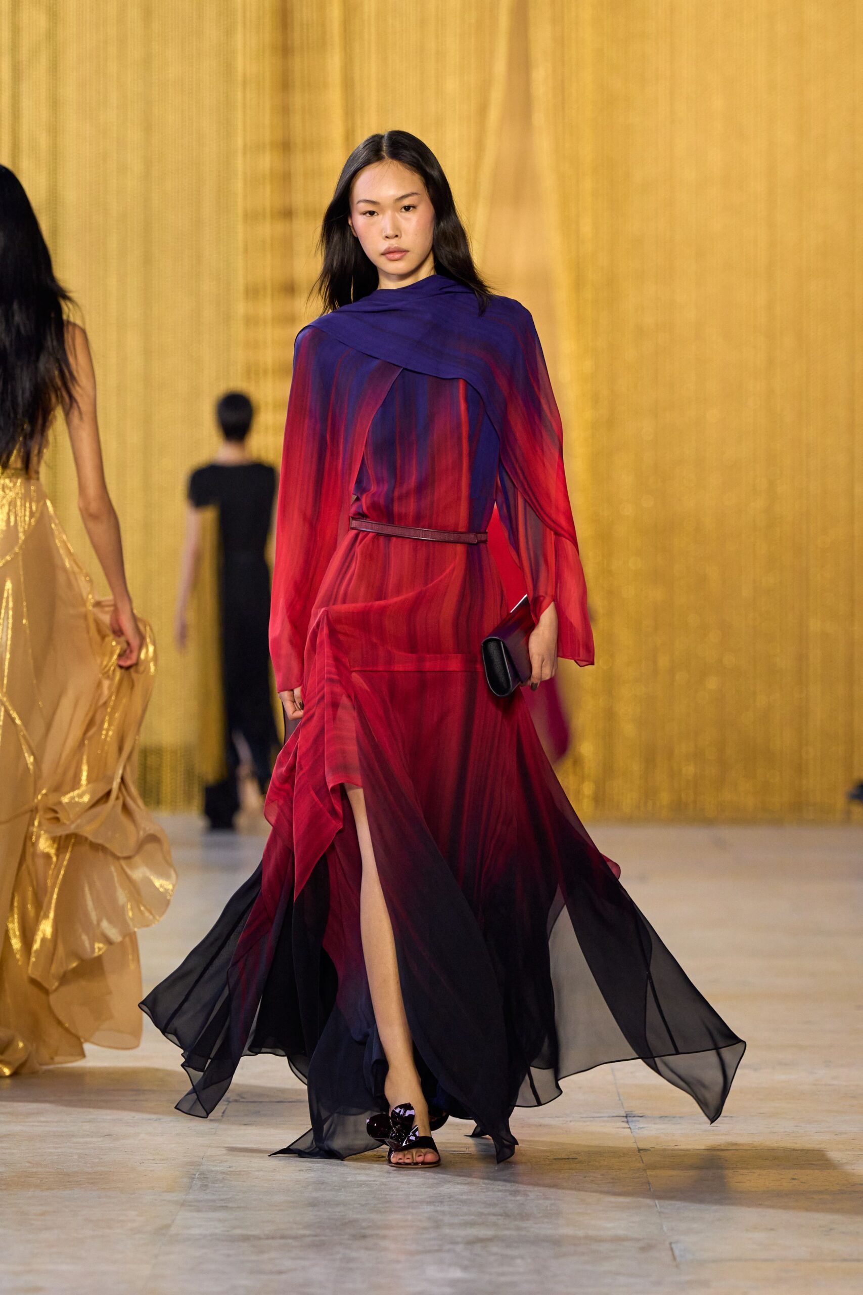 red silk long-sleeve v-neck fitted layered flowing gown