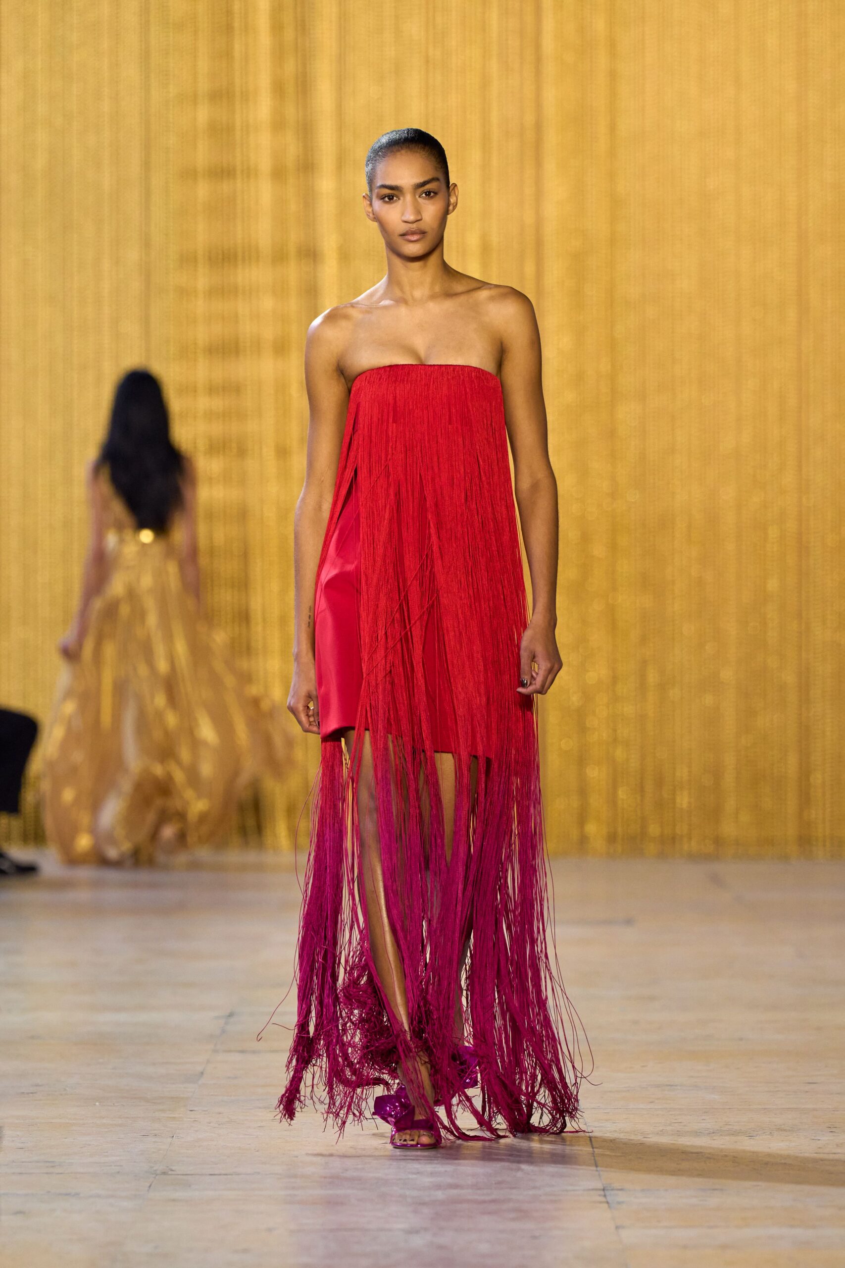 red silk strapless fitted fringed midi dress