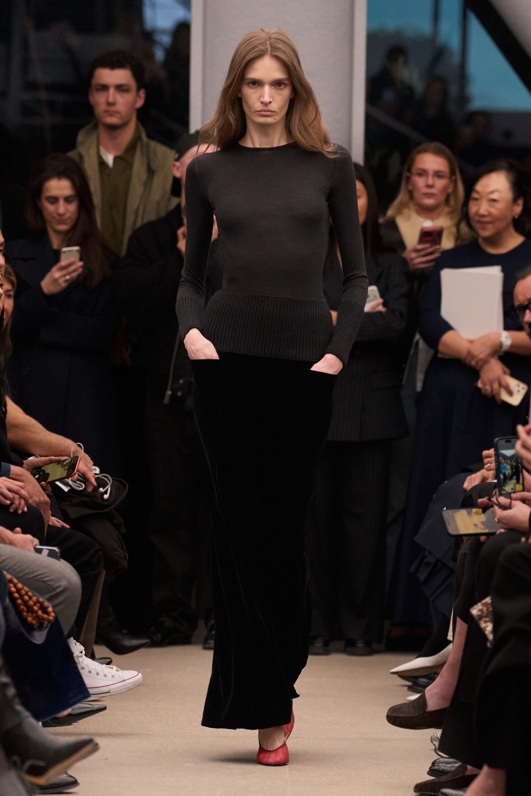 black velvet fitted straight-leg maxi skirt