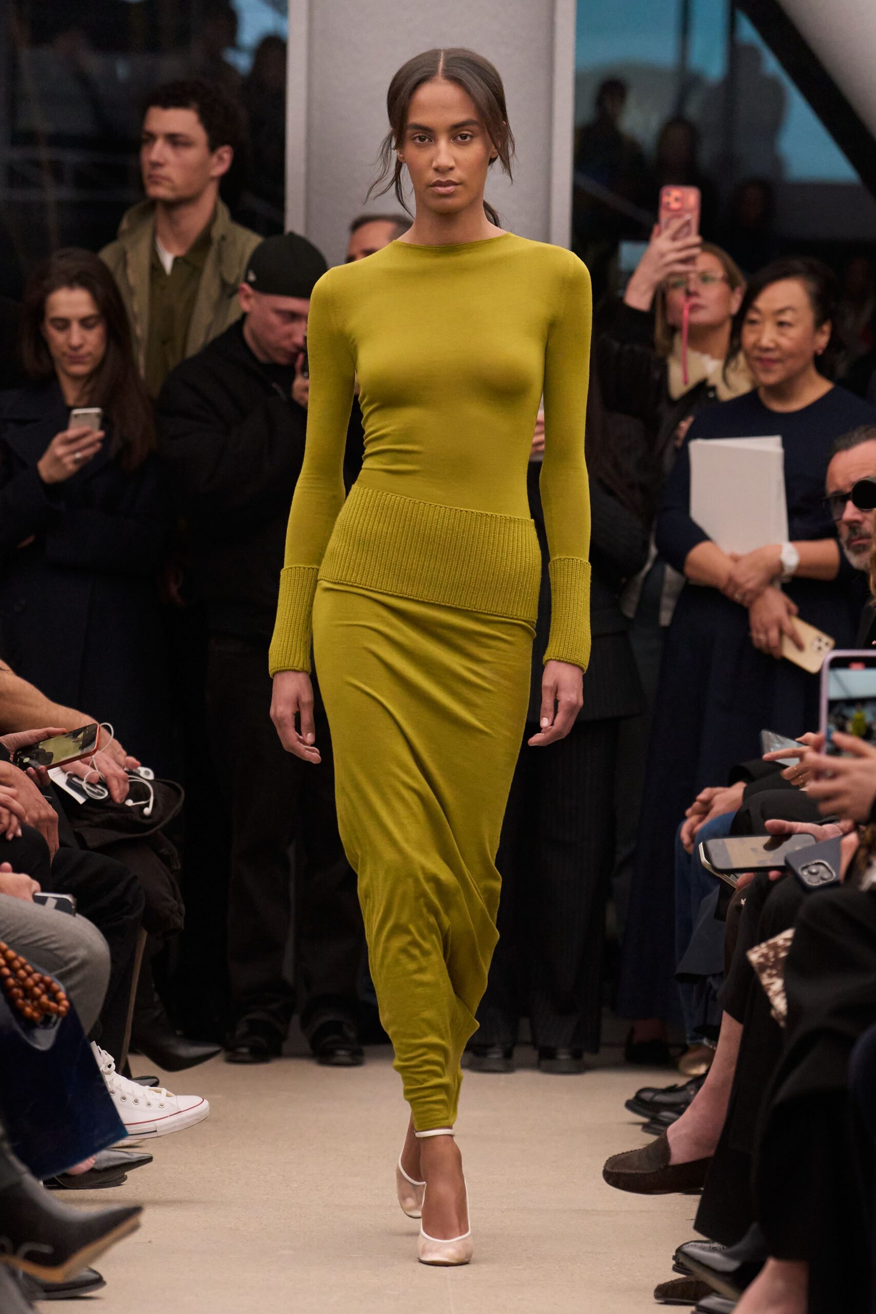 green cotton long-sleeve high-neck fitted ruched midi dress