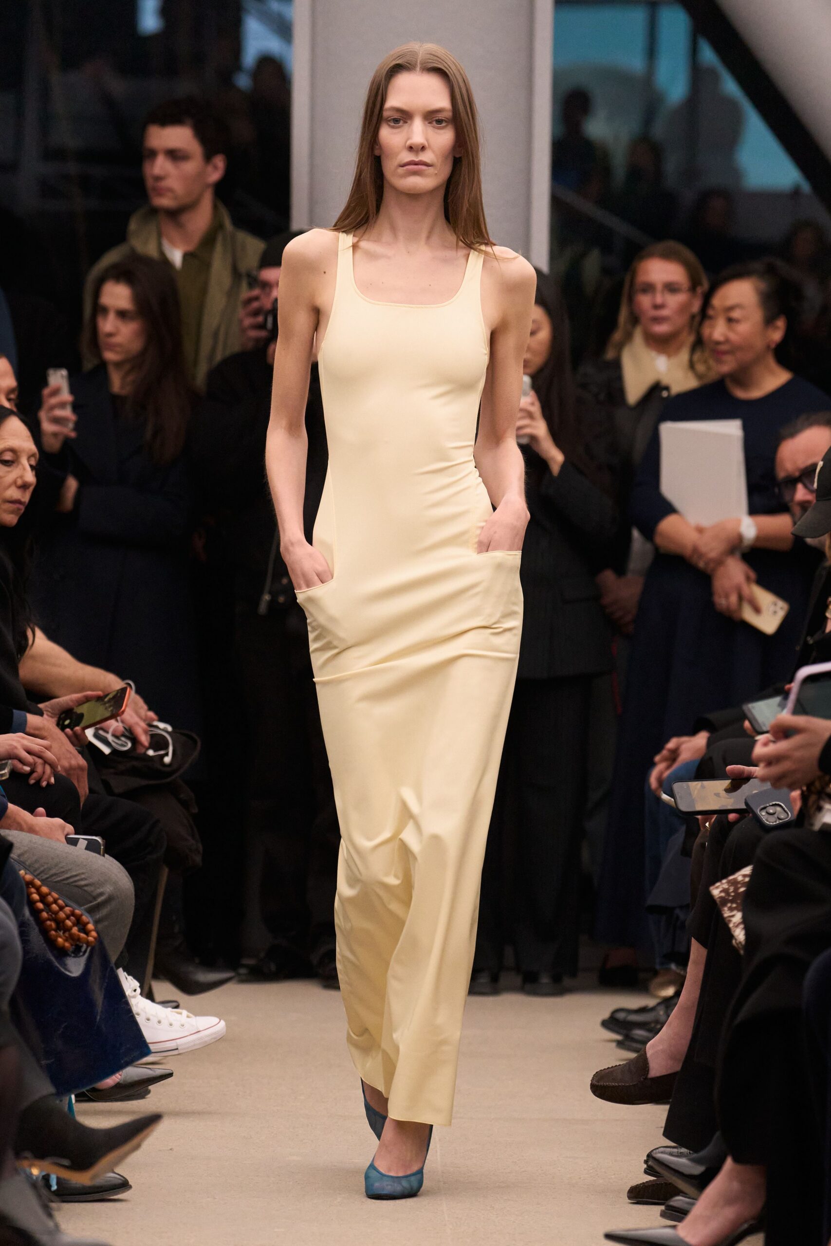yellow cotton sleeveless high-neck fitted straight-leg pockets dress