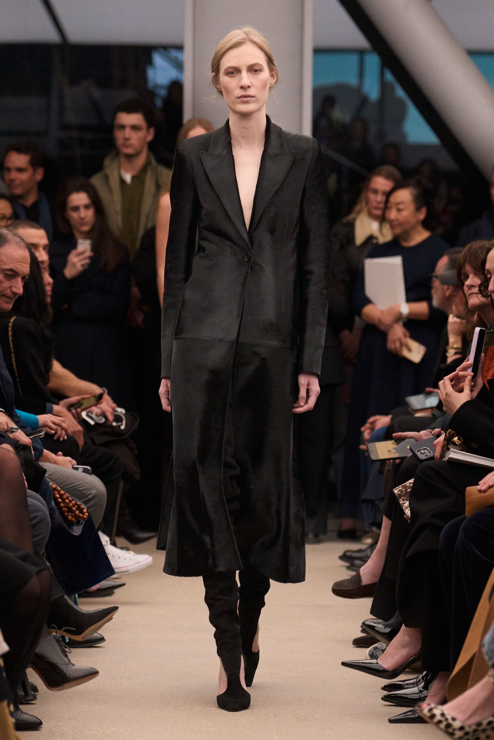black silk fitted gown with boots
