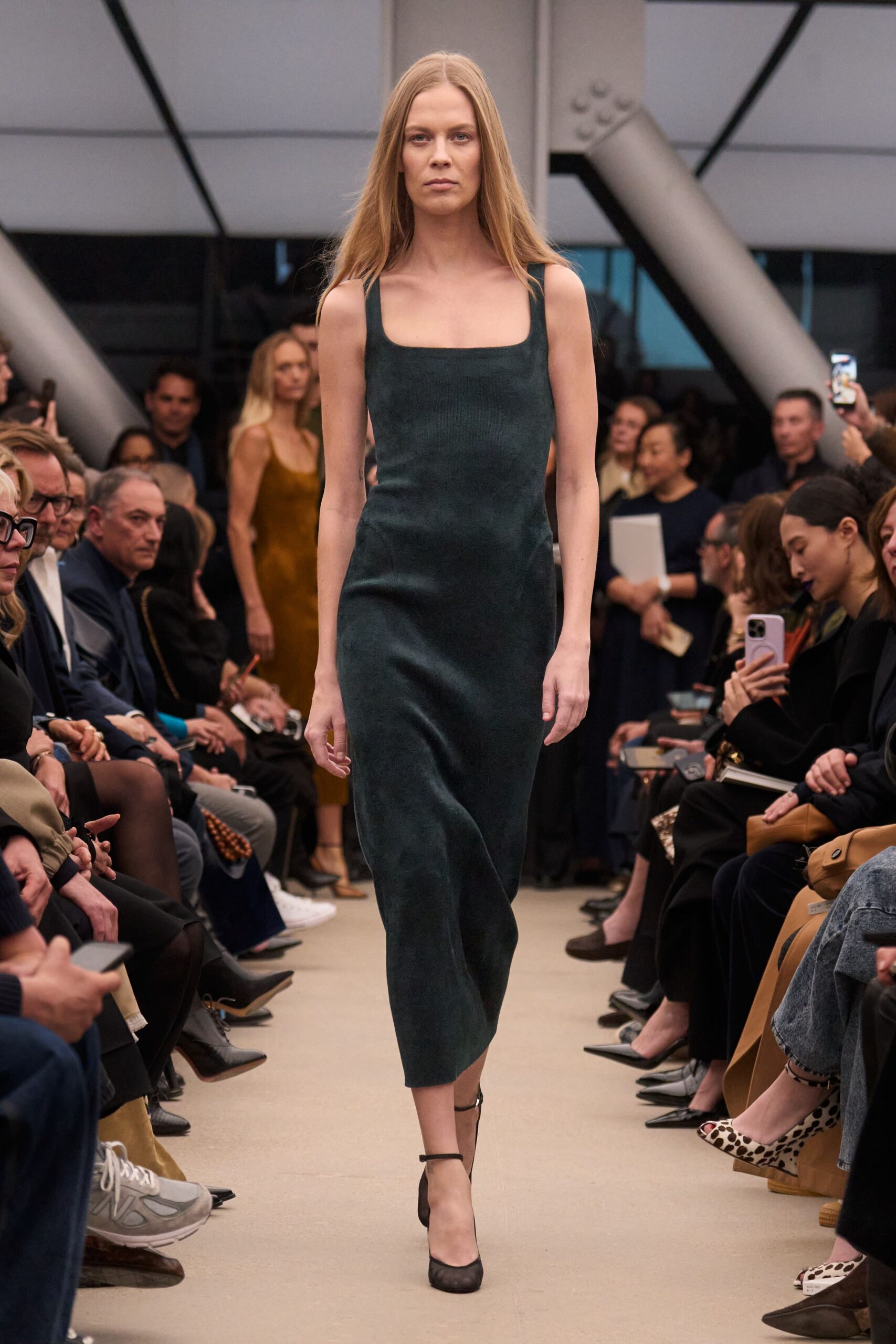 green velvet sleeveless square-neck fitted straight-leg midi dress