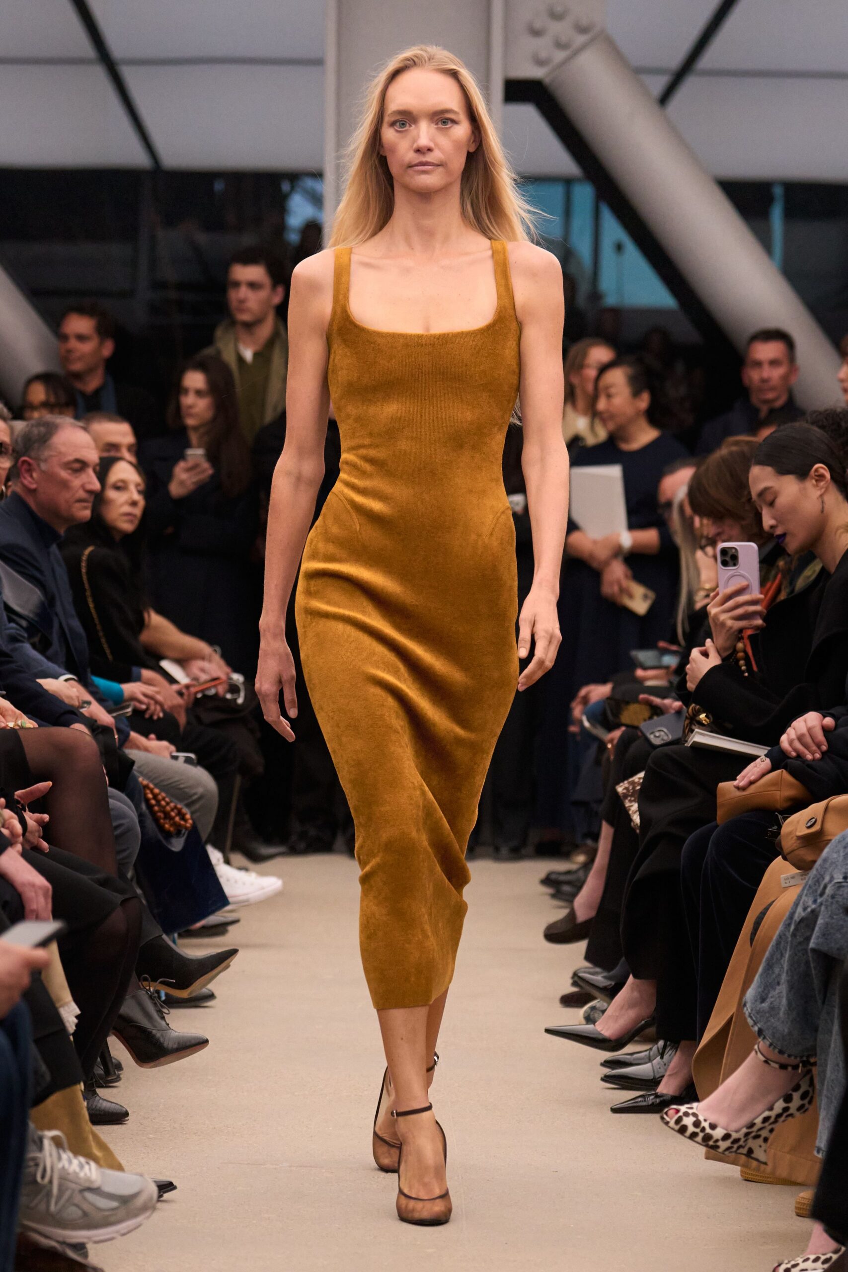 fitted orange velvet midi dress