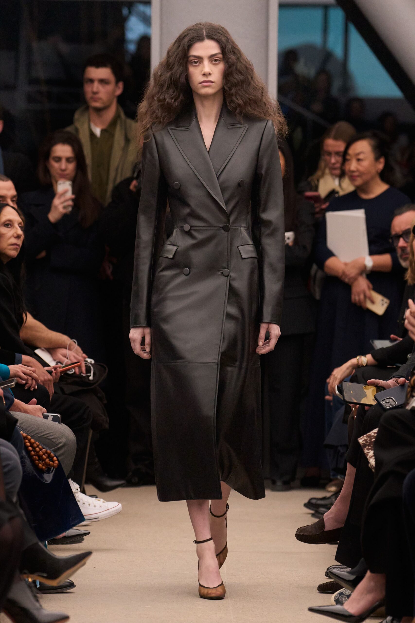black leather long-sleeve collared fitted straight-leg midi gown