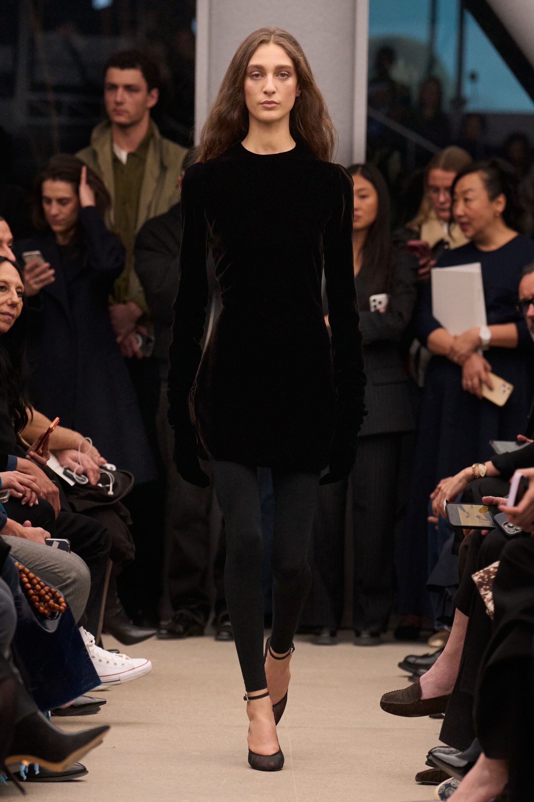 black velvet long-sleeve high-neck fitted straight-leg mini dress