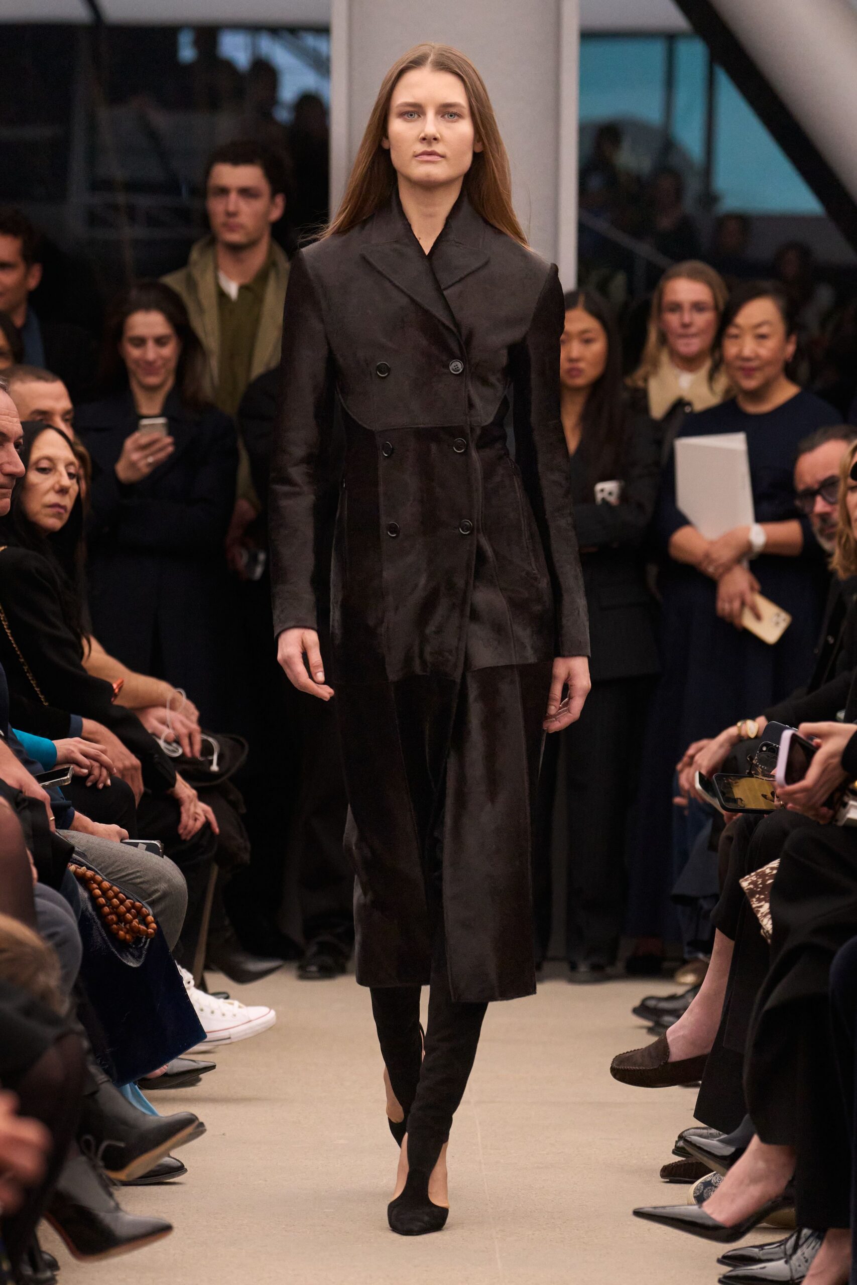 black silk long-sleeve collared fitted buttoned midi coat
