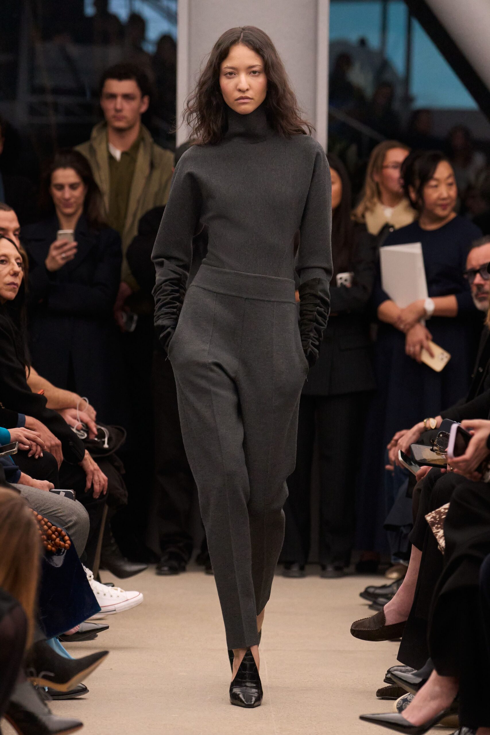 gray wool long-sleeve turtleneck fitted zippered jumpsuit