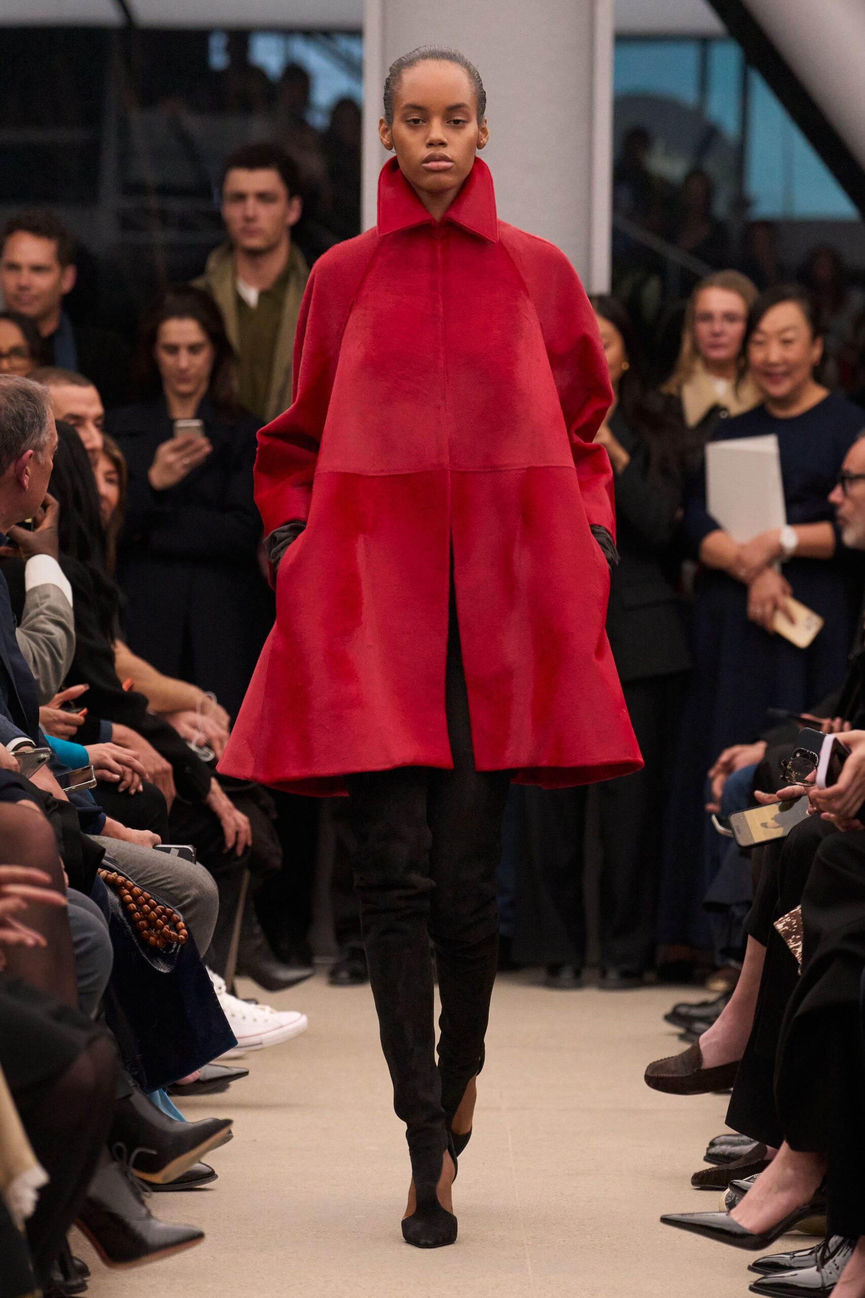 red suede long-sleeve collared structured midi coat