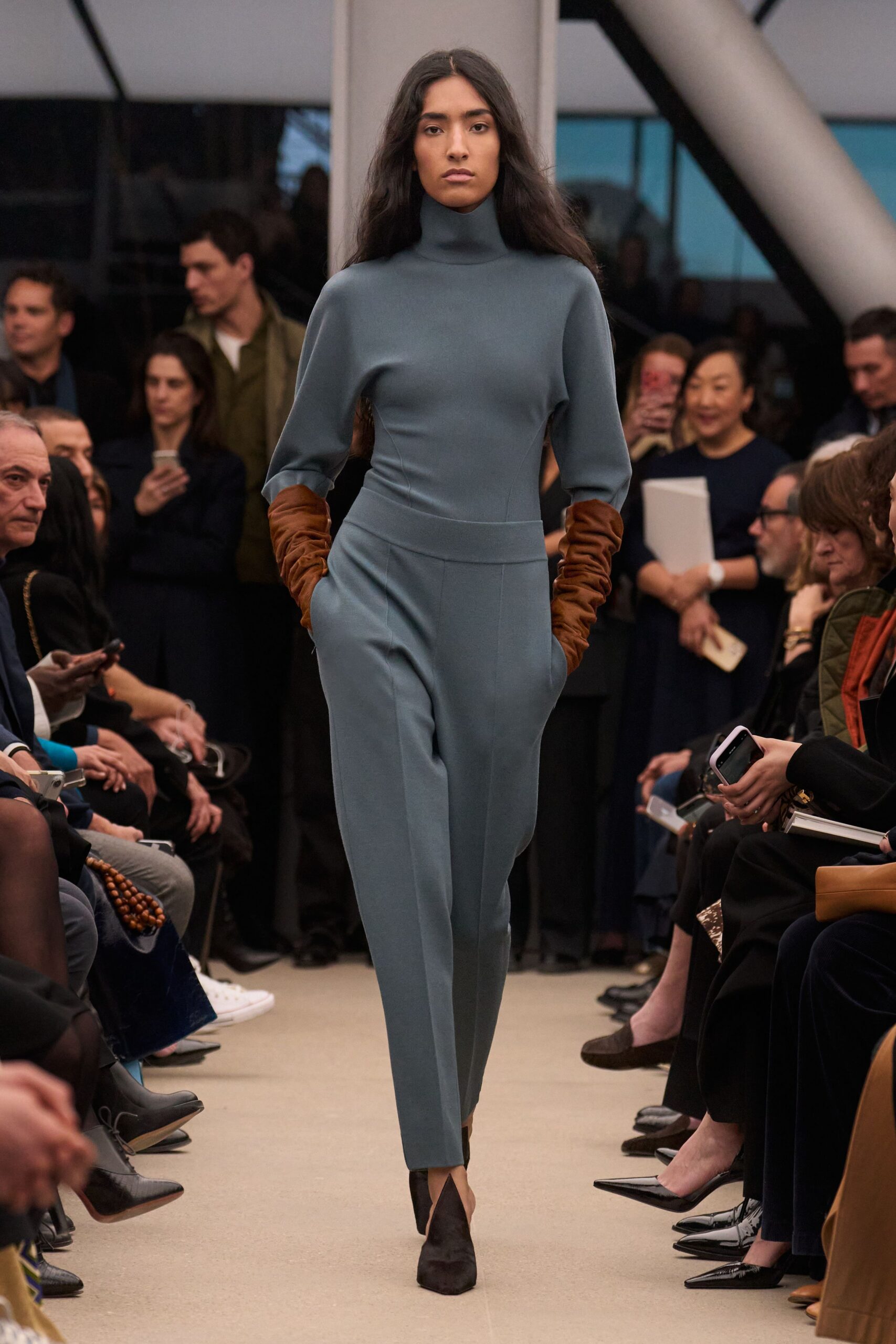 blue cotton long-sleeve turtleneck fitted zippered jumpsuit