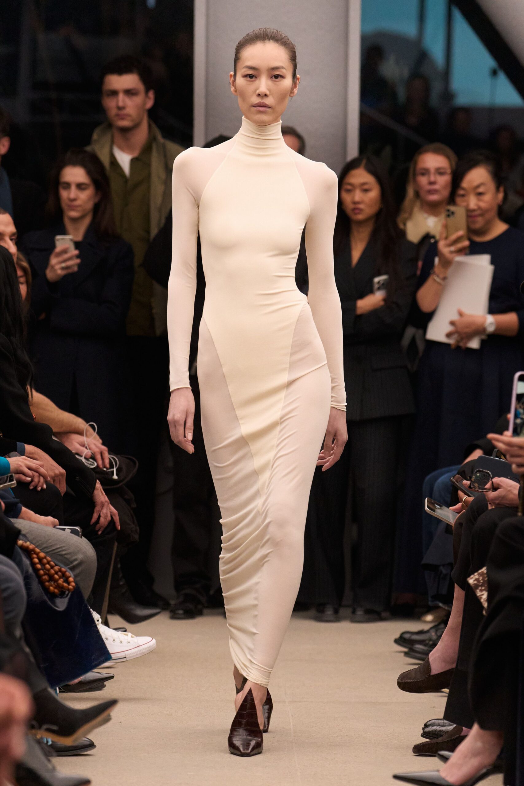 ivory fitted gown with ruched detail