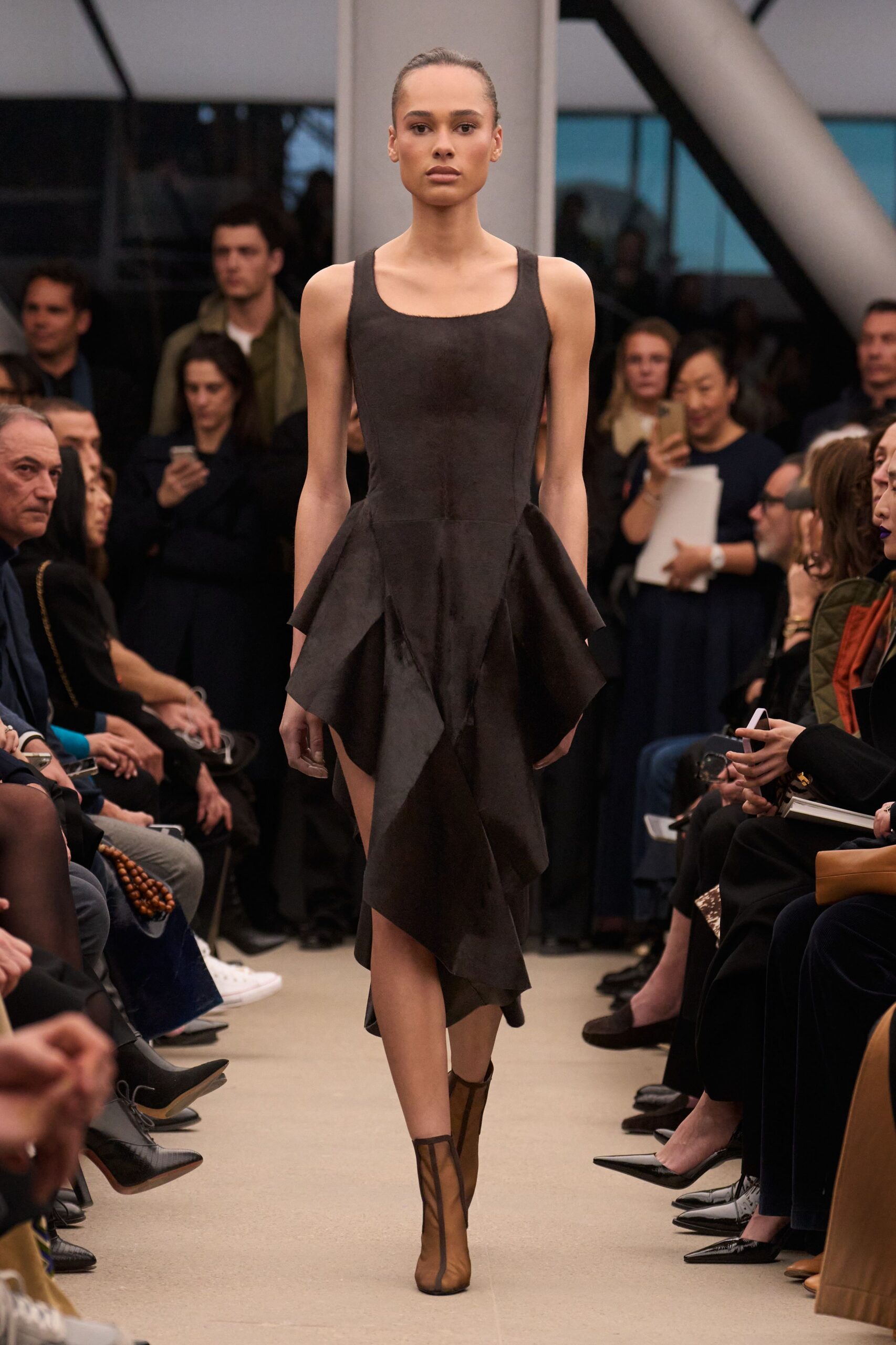 brown silk sleeveless asymmetric dress