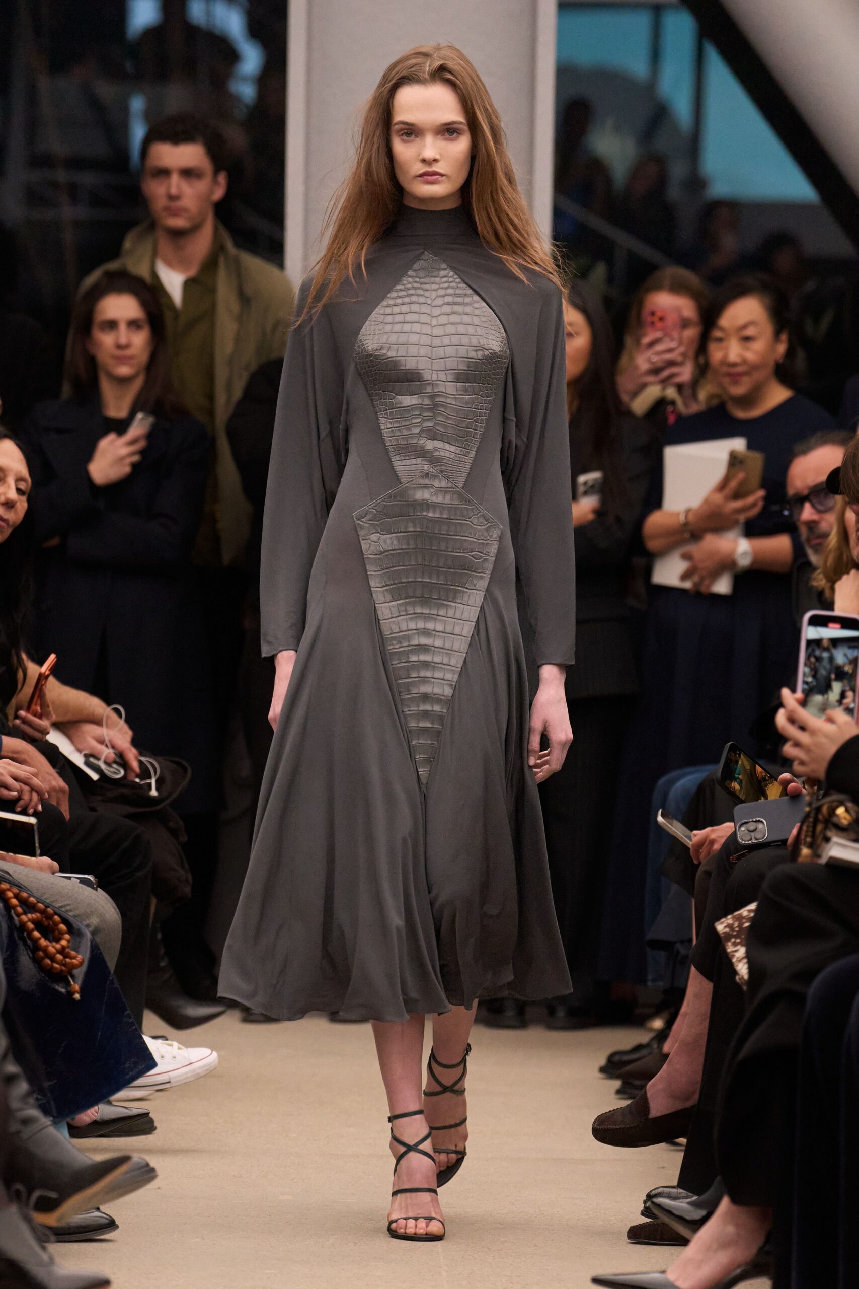 gray silk long-sleeve high-neck fitted pleated midi dress