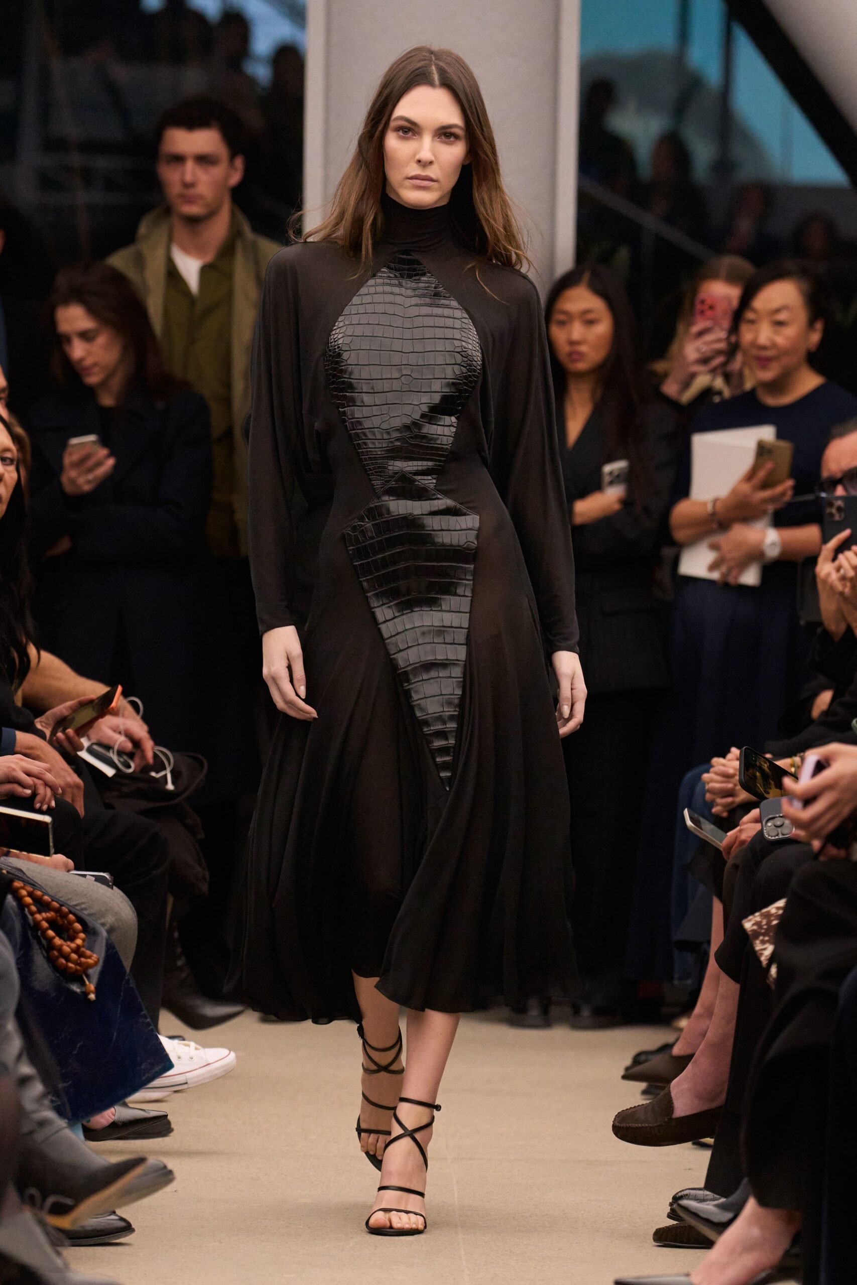 black silk long-sleeve high-neck fitted pleated flowing dress