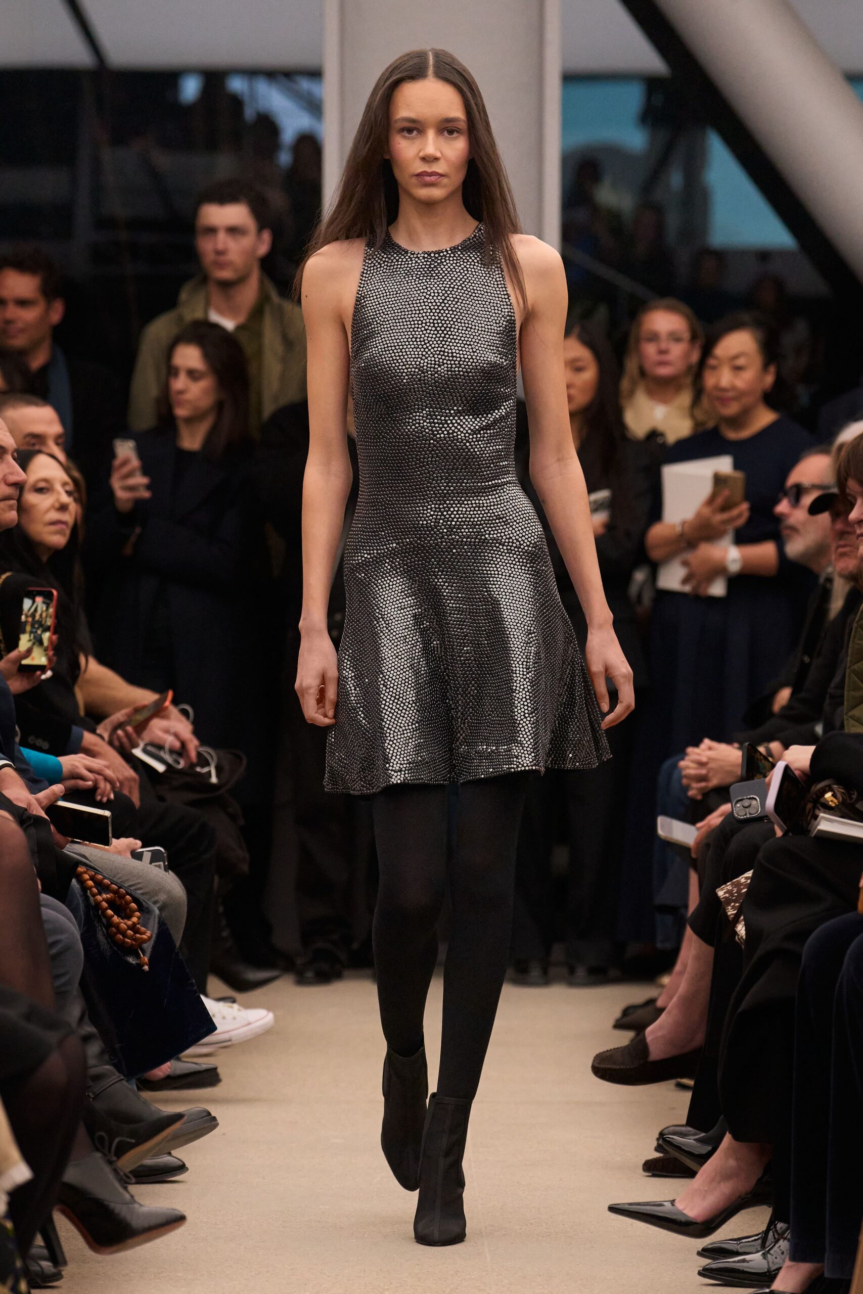 gray metallic sleeveless high-neck fitted flared shiny dress