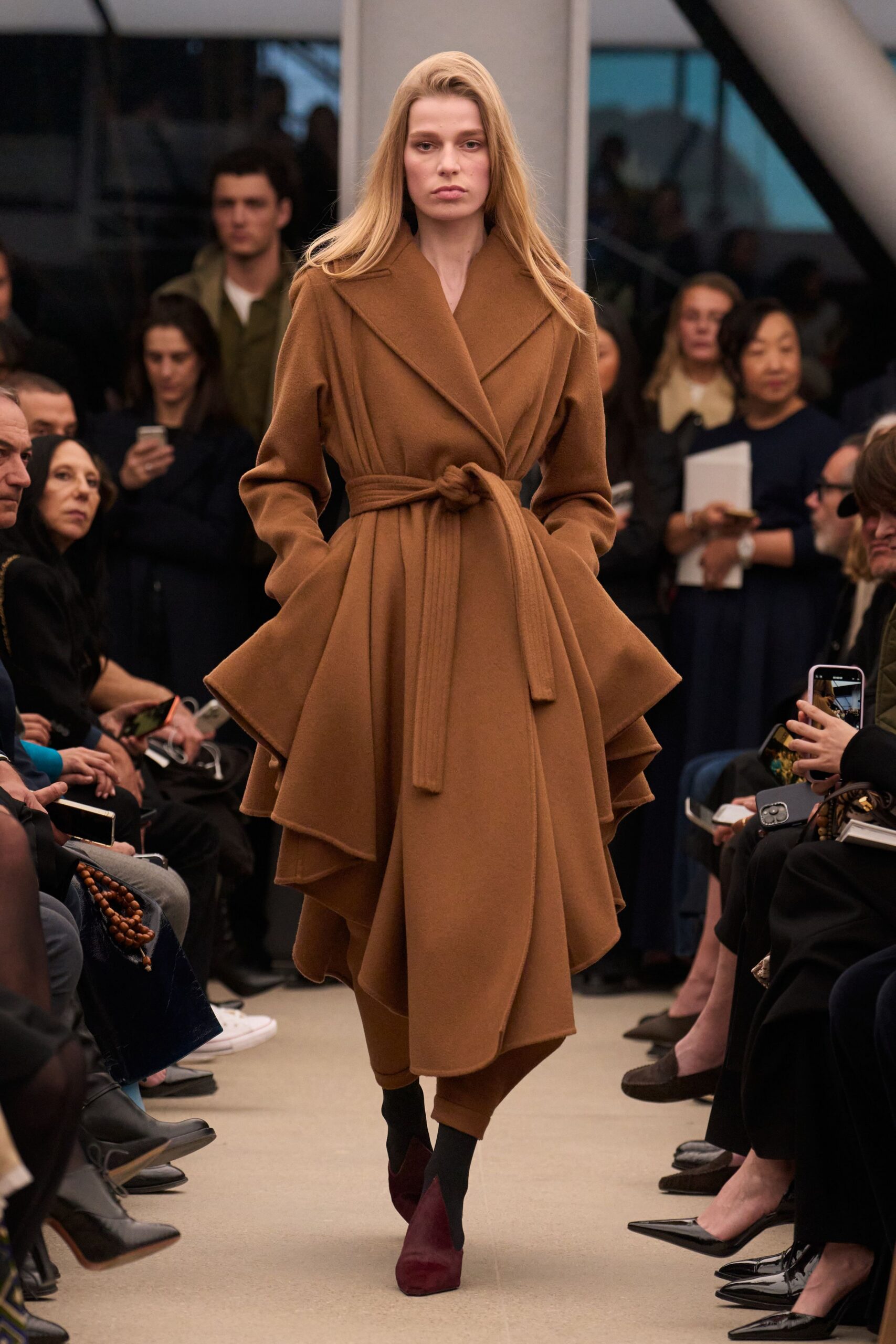 brown wool long-sleeve collared fitted belted layered coat