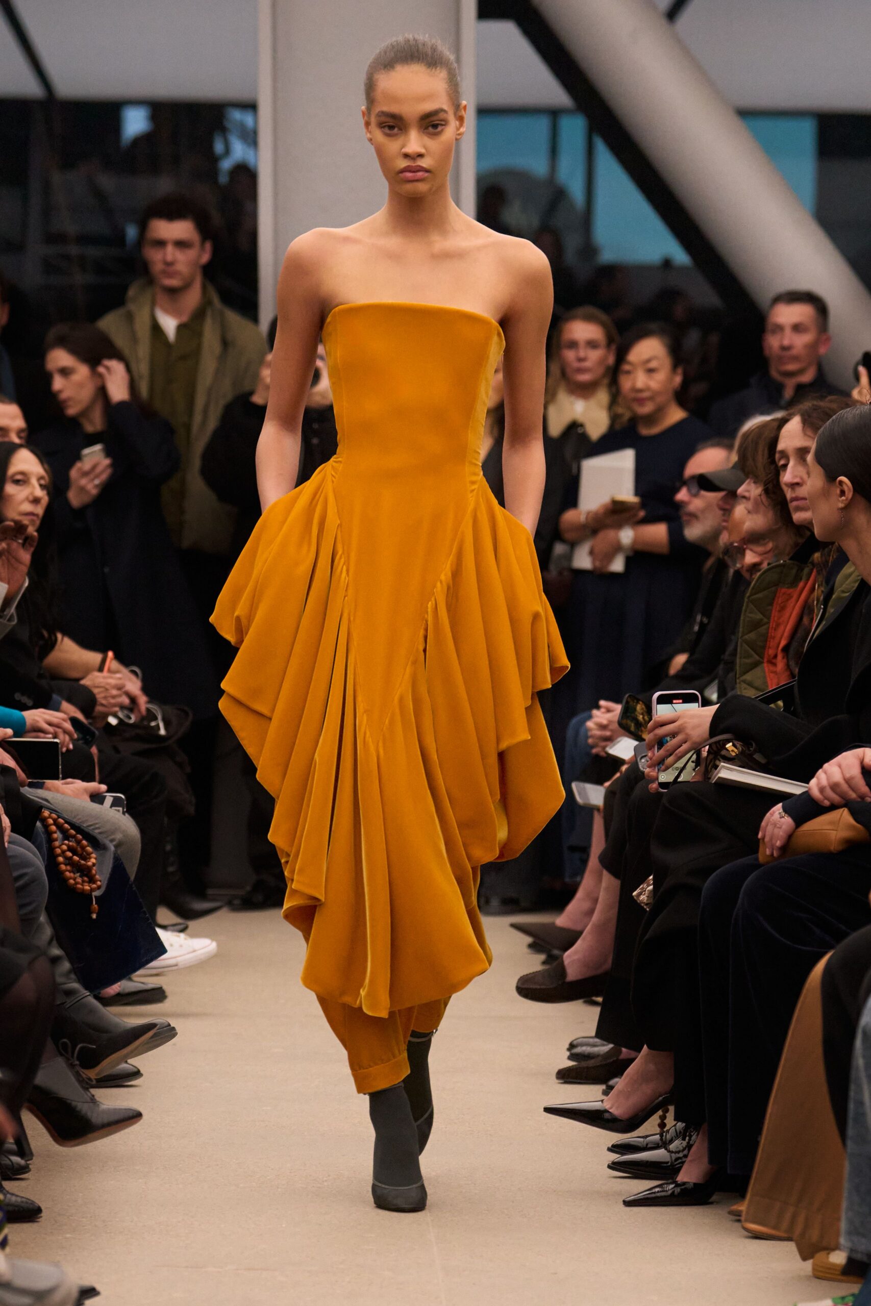 yellow silk strapless fitted draped tiered midi dress