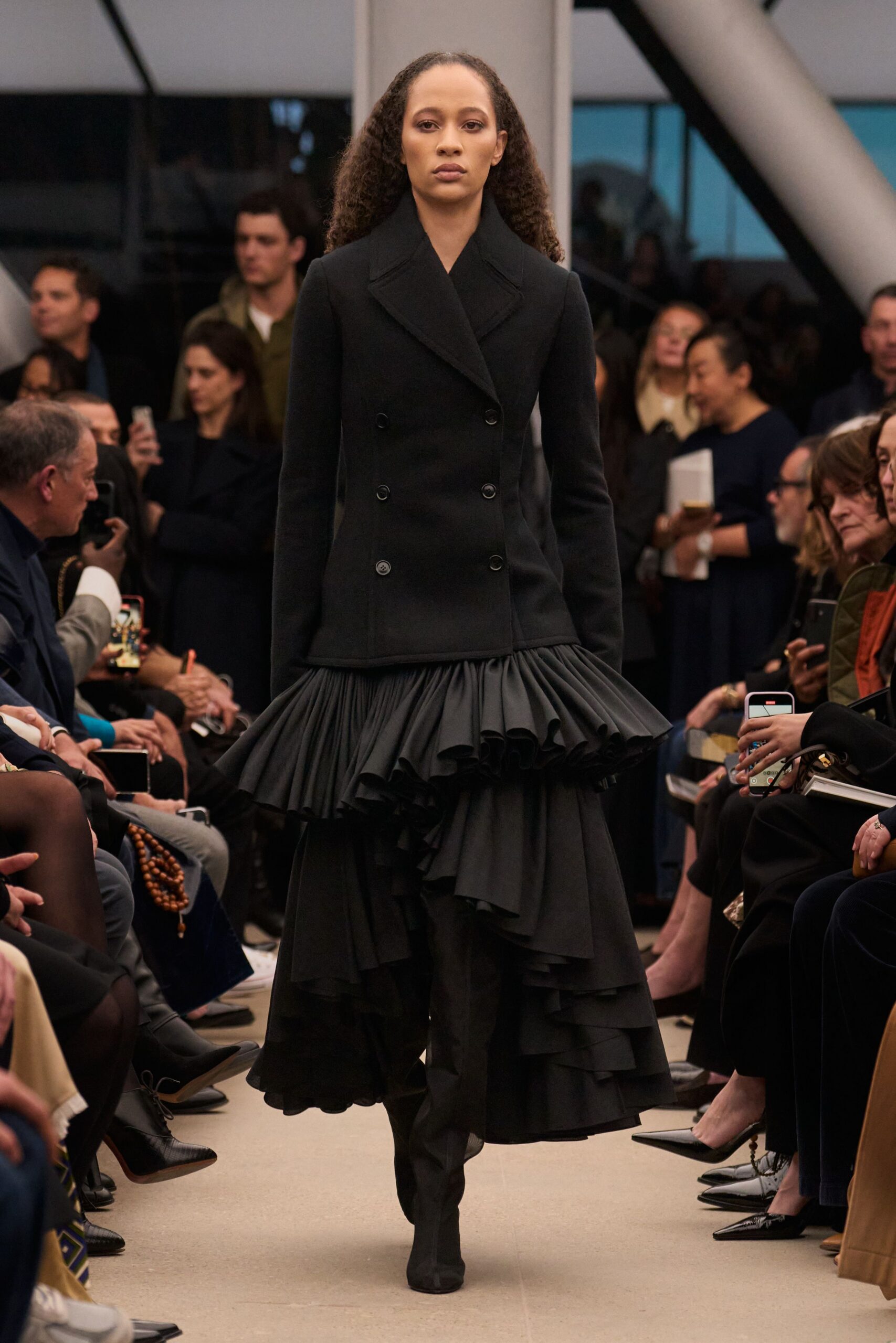 black wool long-sleeve double-breasted fitted ruffled midi coat