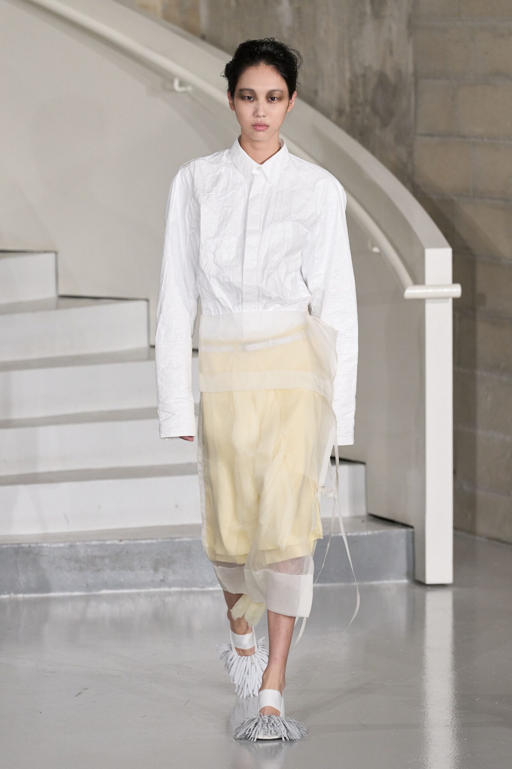 yellow chiffon asymmetric fitted layered flowing skirt
