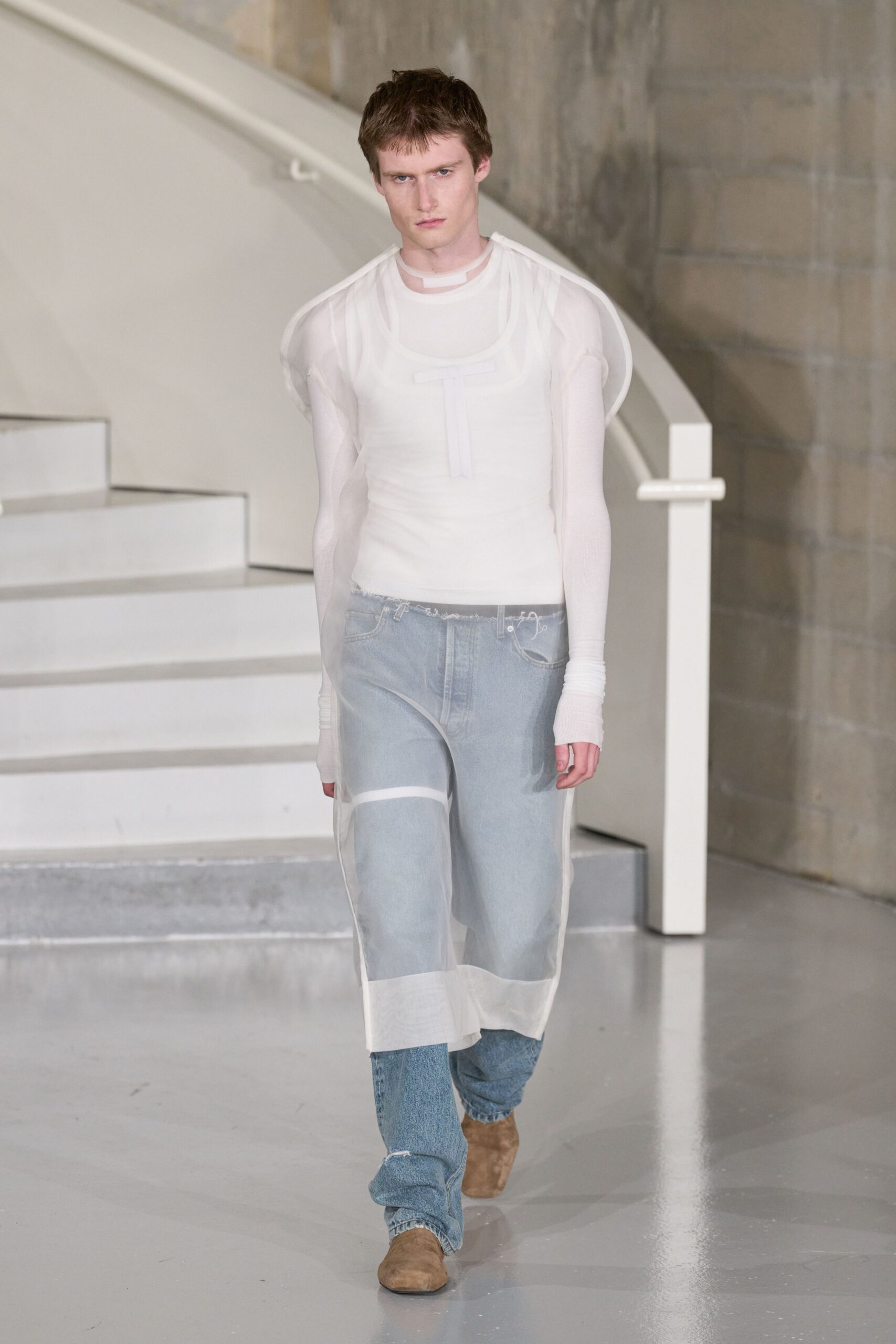white cotton long-sleeve collared fitted layered sheer top