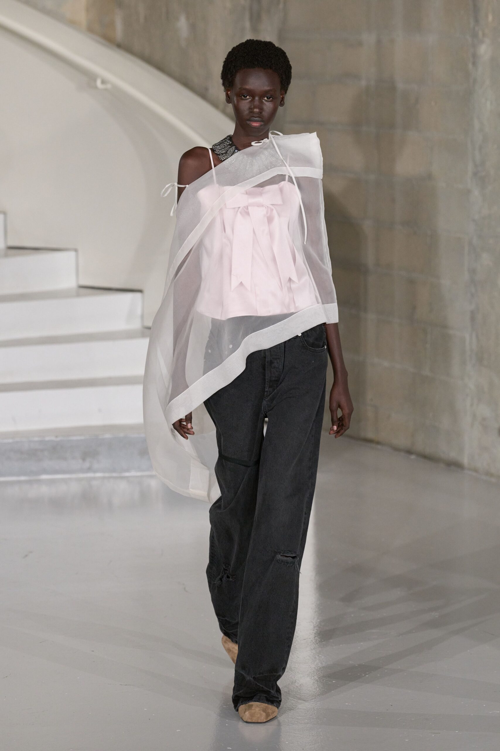 pink silk sleeveless off-shoulder fitted draped sheer top