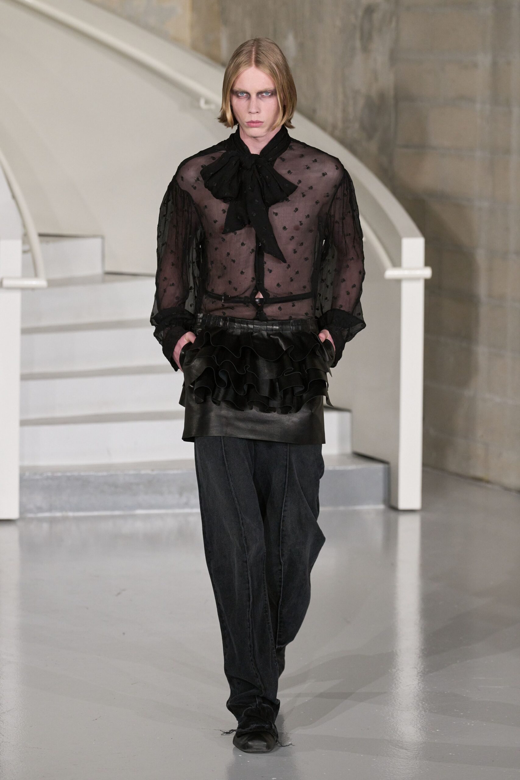 black silk long-sleeve collared fitted pleated ruffled blouse