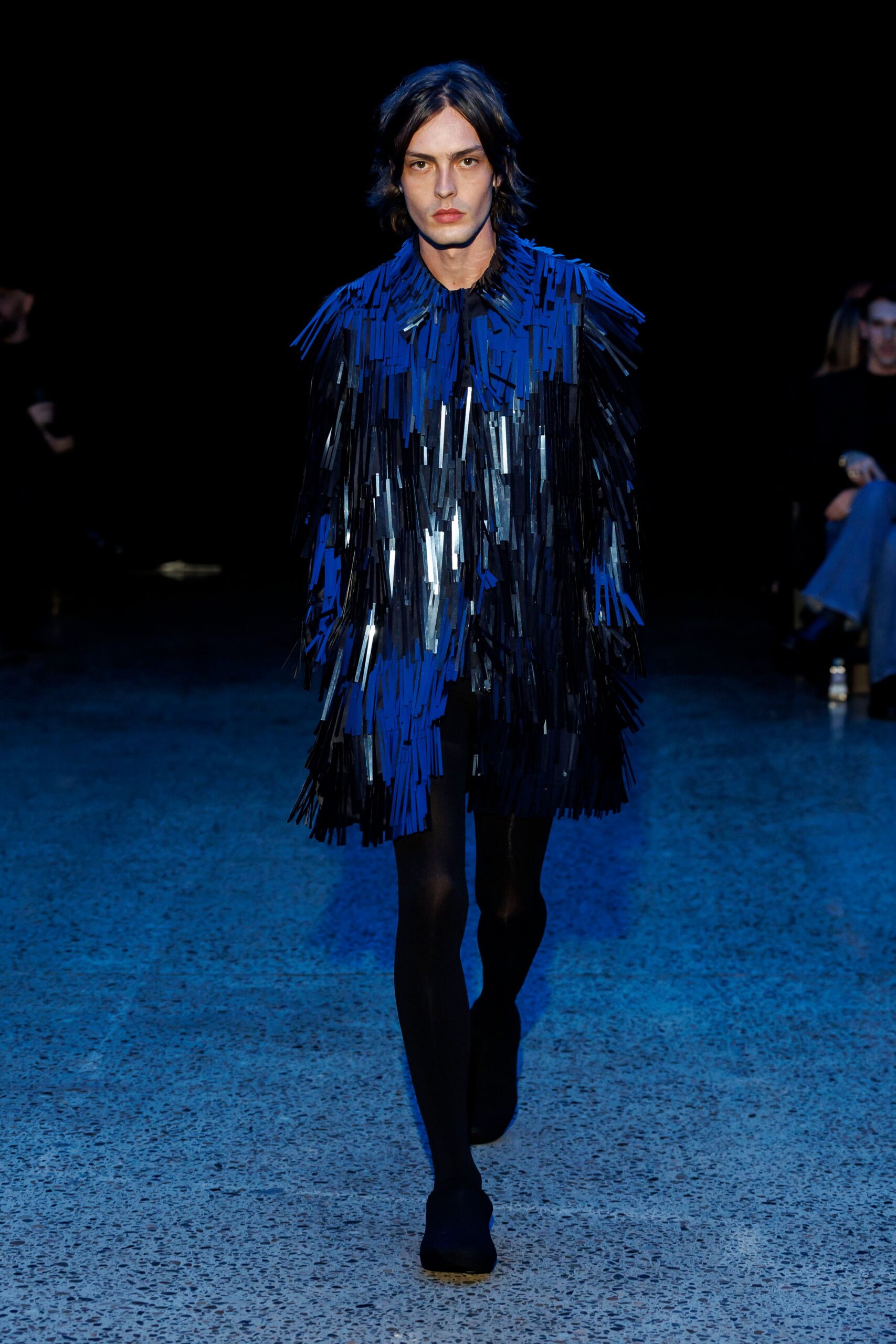 blue silk long-sleeve collared relaxed fringed shiny coat