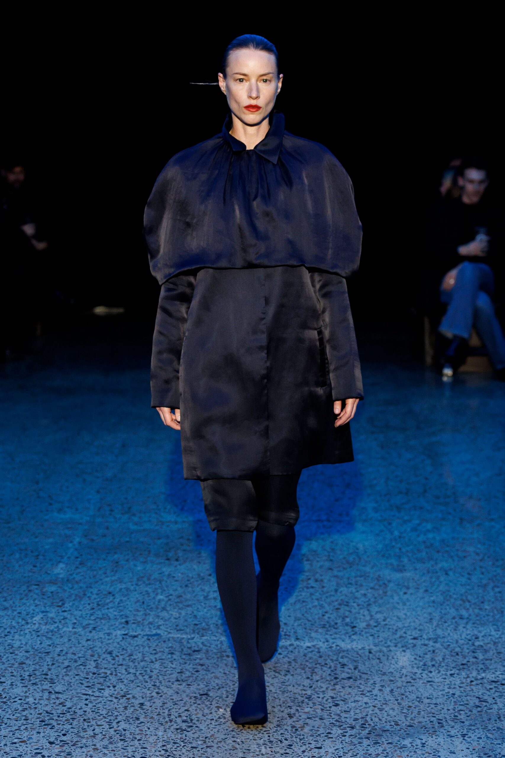 black silk long-sleeve collared relaxed draped midi coat