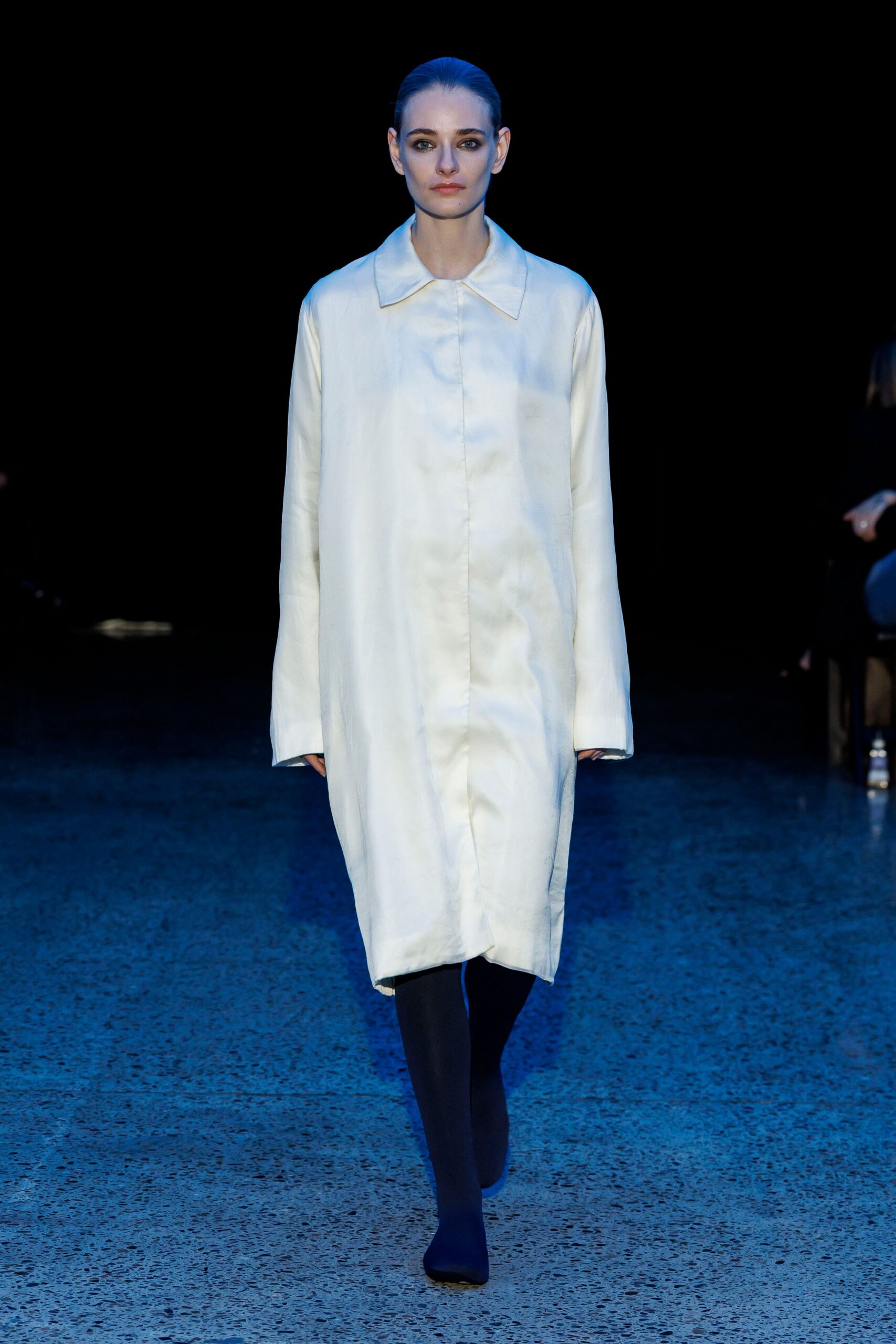 white silk long-sleeve collared relaxed midi coat