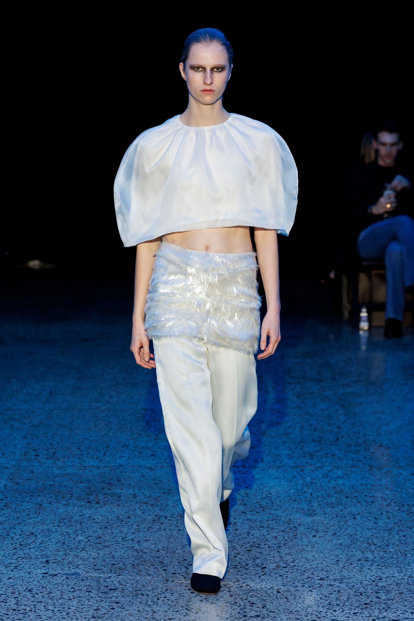 white silk sleeveless collared fitted draped cropped top