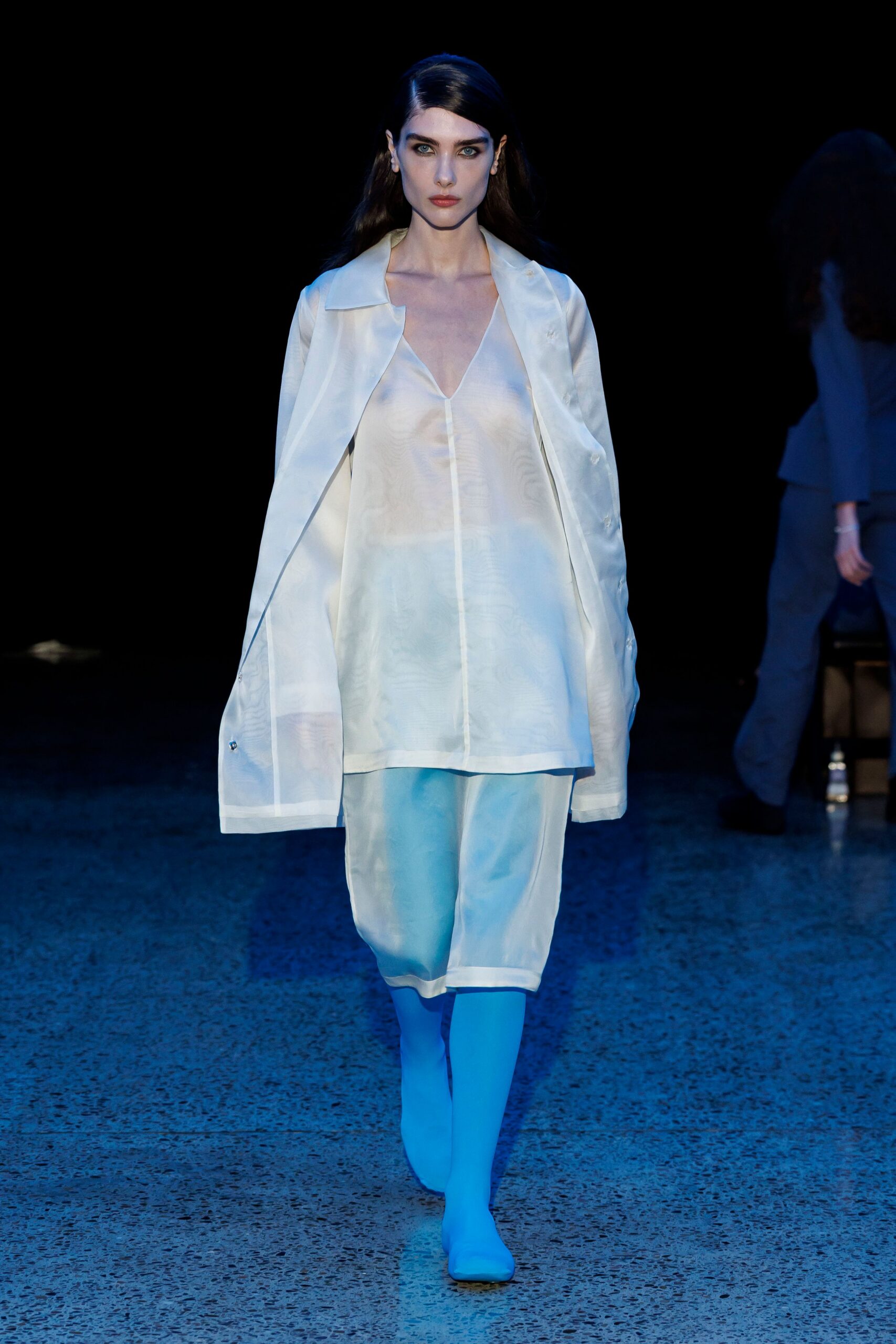 white silk long-sleeve collared relaxed buttoned sheer jacket